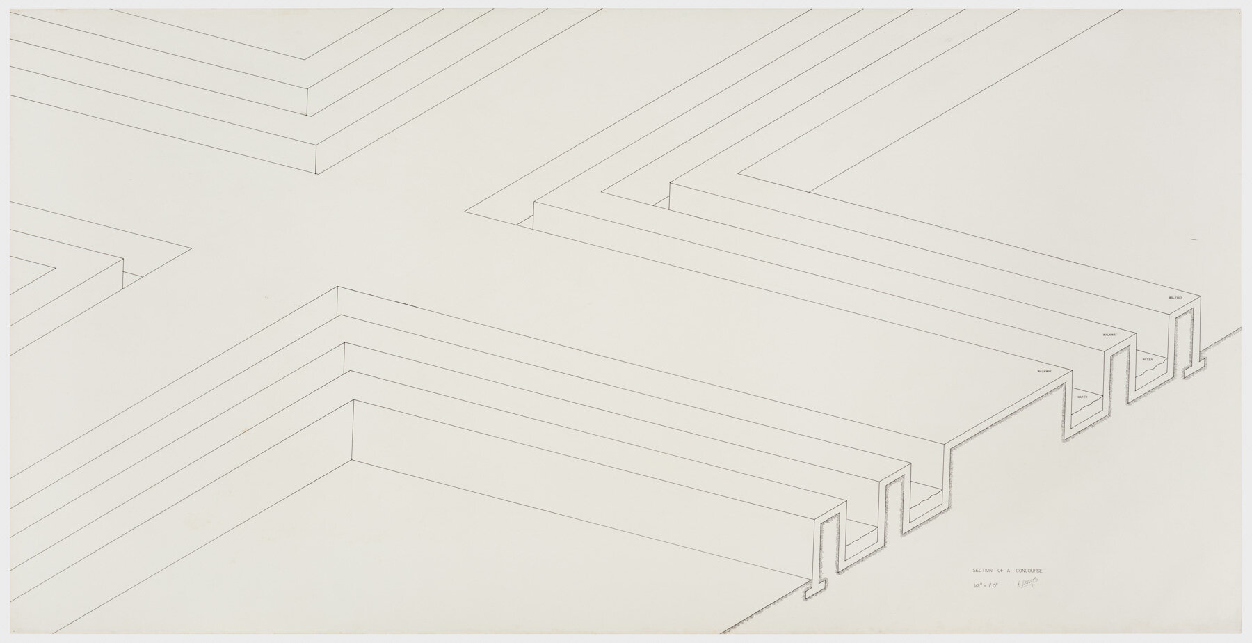 Robert Morris. Section of a Concourse , 1971. Ink on paper, 42 x 83 in. (107 x 211 cm). Estate of Robert Morris, courtesy Castelli Gallery, New York. © 2019 The Estate of Robert Morris / Artists Rights Society (ARS), New York. Photo: Stan Narten