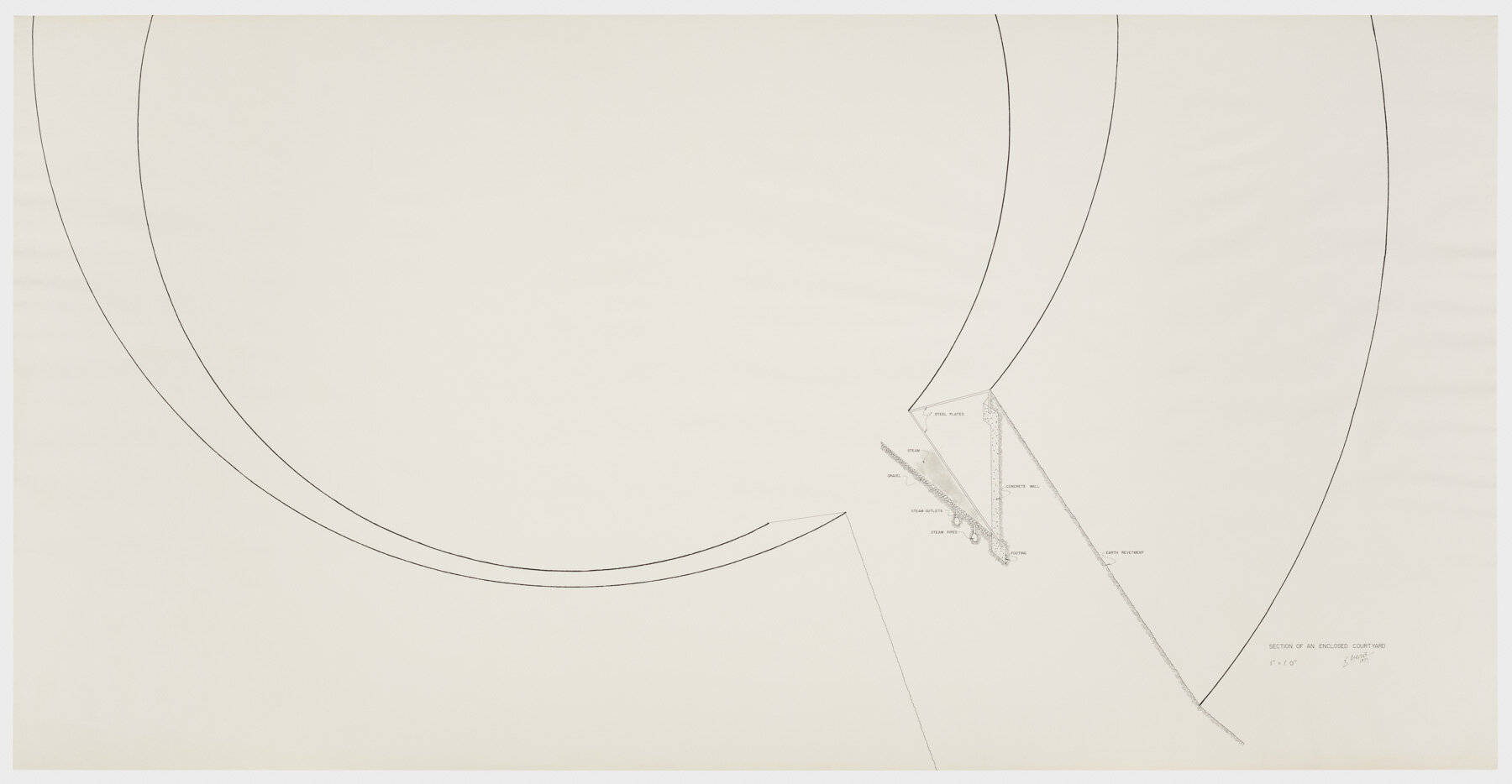 Robert Morris. Section of an Enclosed Courtyard , 1971. Ink on paper, 42 x 82 ½ in. (107 x 210 cm). Estate of Robert Morris, courtesy Castelli Gallery, New York. © 2019 The Estate of Robert Morris / Artists Rights Society (ARS), New York. Photo: Stan Narten