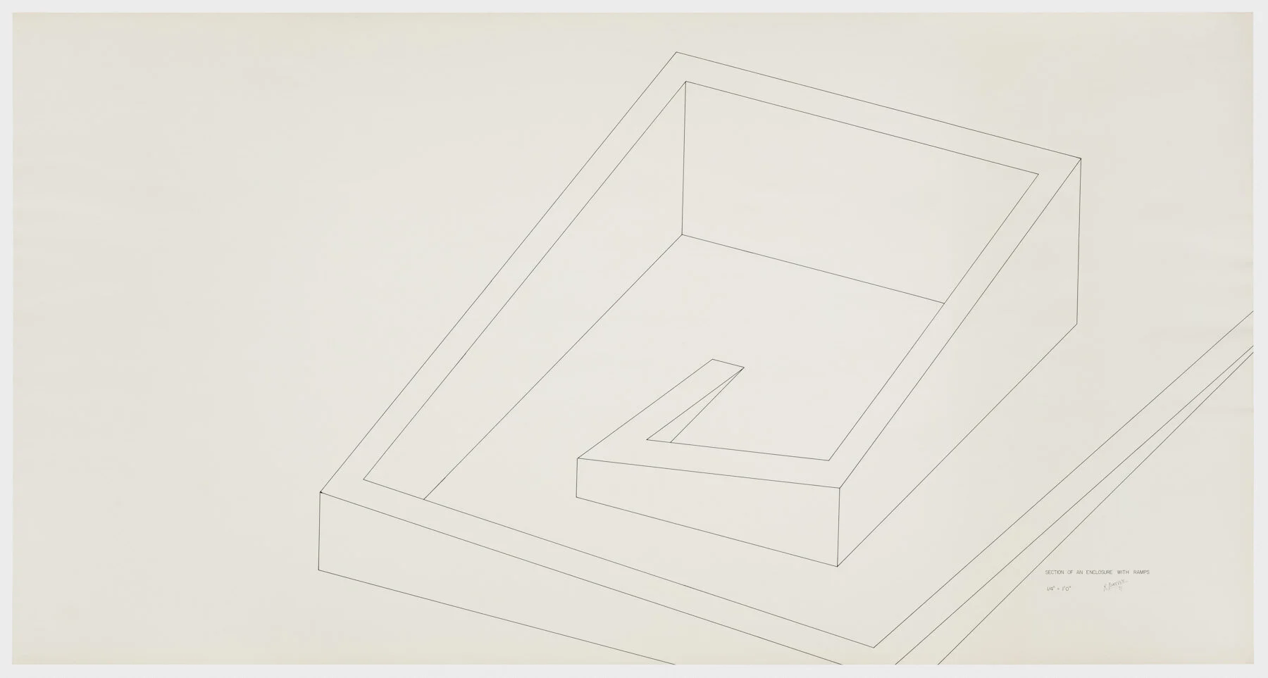 Robert Morris. Section of an Enclosure with Ramps, 1971. Ink on paper, 42 ¼ x 80 ½ in. (107 x 204 cm). Estate of Robert Morris, courtesy Castelli Gallery, New York. © 2019 The Estate of Robert Morris / Artists Rights Society (ARS), New York. Photo: Stan Narten