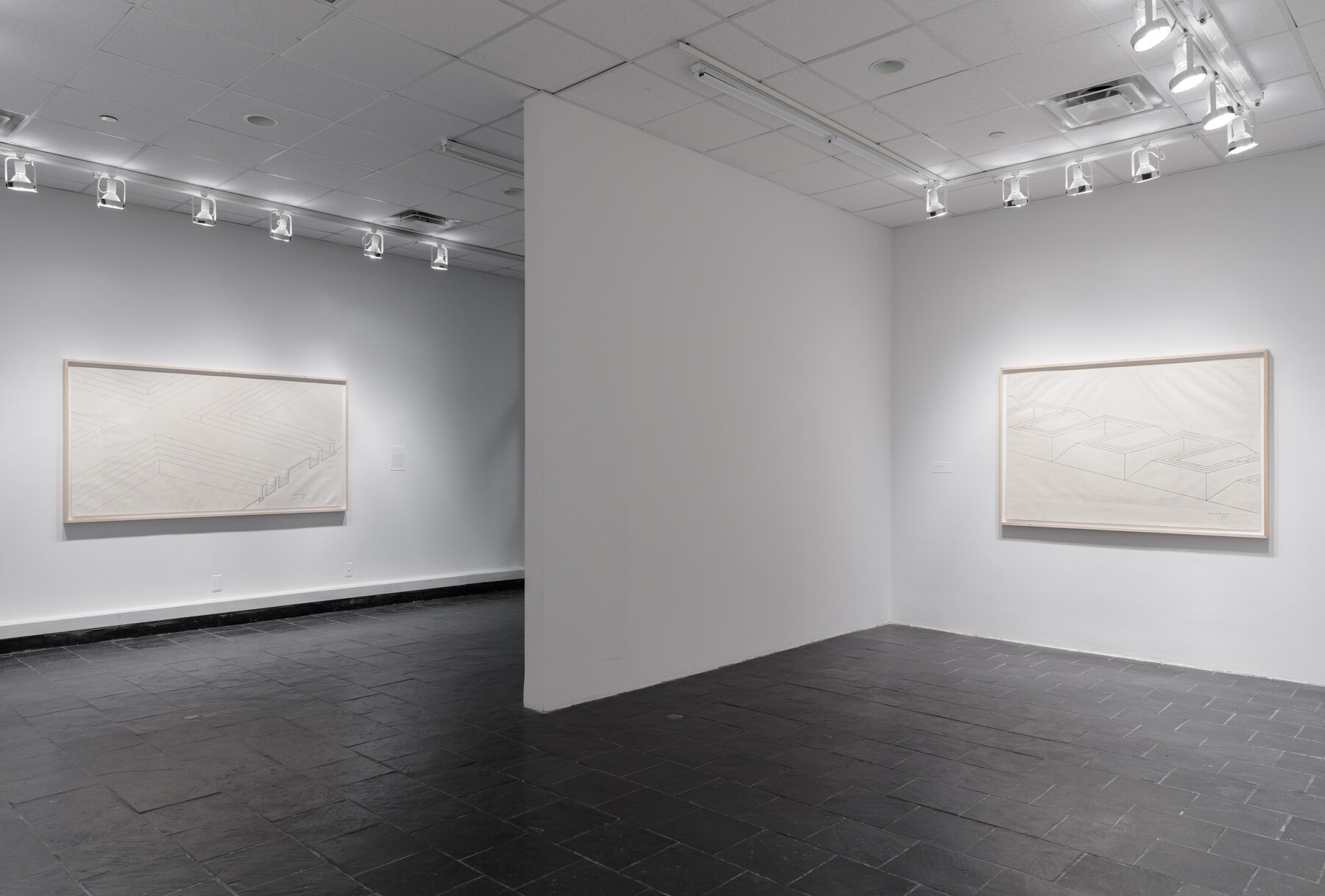 Installation view: Robert Morris: Para-architectural projects , Hunter College Art Galleries, 2019. LEFT: Section of a Concourse , 1971. Ink on paper, 42 x 83 in. (107 x 211 cm). Estate of Robert Morris, courtesy Castelli Gallery, New York.RIGHT: Section of an Aqueduct , 1971.Ink on paper, 42 x 64 in. (107 x 163 cm). Estate of Robert Morris, courtesy Castelli Gallery, New York. © 2019 The Estate of Robert Morris / Artists Rights Society (ARS), New York. Photo: Stan Narte