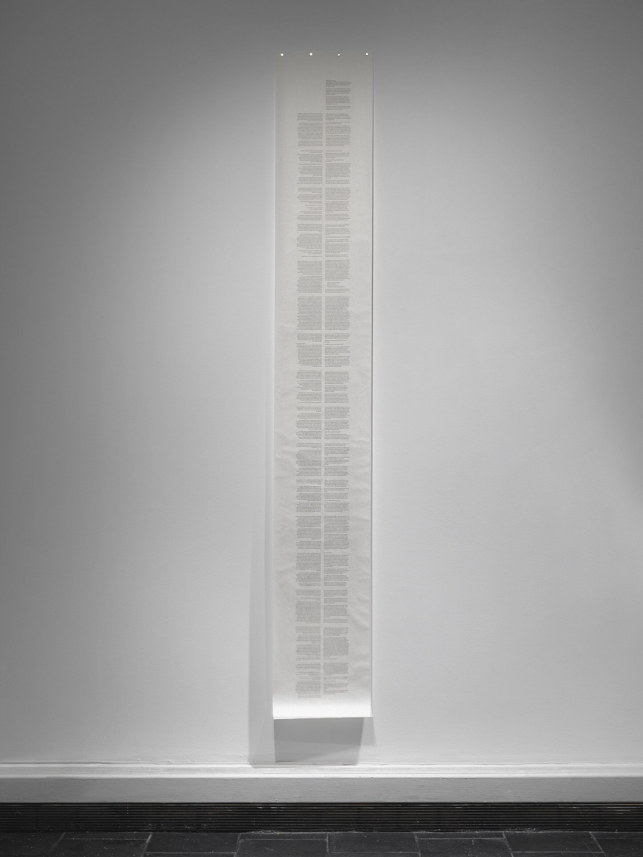  Constance DeJong,  Speakchamber , 2013. Scroll printed on rice paper, 85 × 14 inches. Courtesy of Bureau, New York and the artist. Photo: Dario Lasagni. 