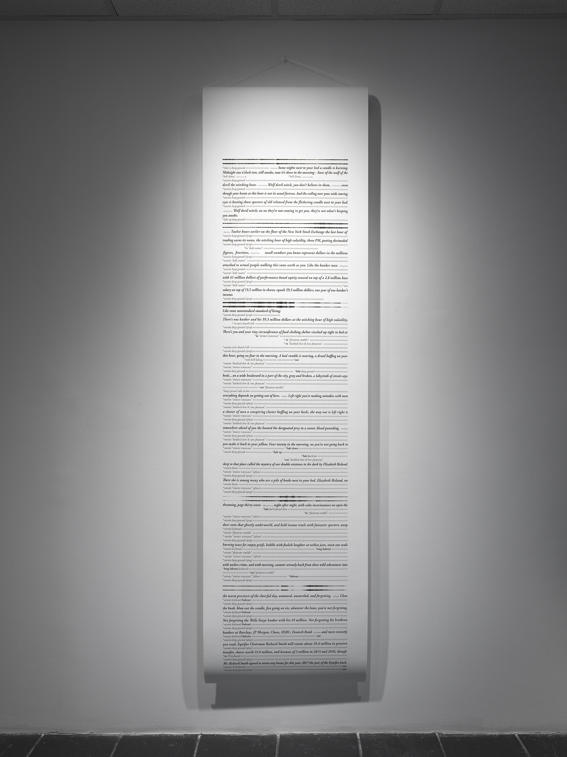  Constance DeJong,  Bedside , 2019. Audio transcription, digitally printed scroll, 87 x 24 inches. Courtesy of Bureau, New York and the artist. Photo: Dario Lasagni. 
