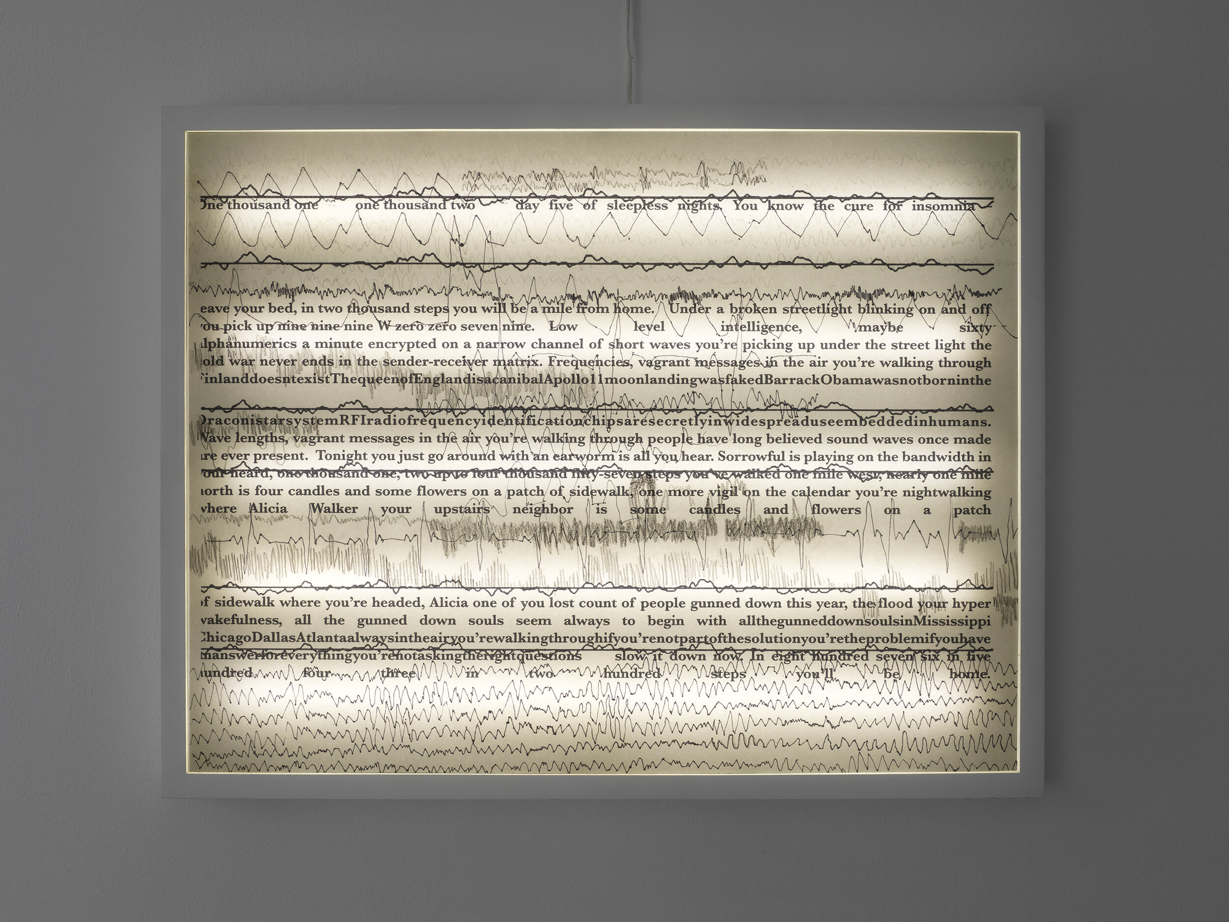  Constance DeJong,  Frequency Hopping , 2019. EKG, sleep waves, voice waves (heart, brain, voice, digital print with ink and pencil drawing in framed lightbox, 17 × 22 inches. Courtesy of Bureau, New York and the artist. Photo: Dario Lasagni. 