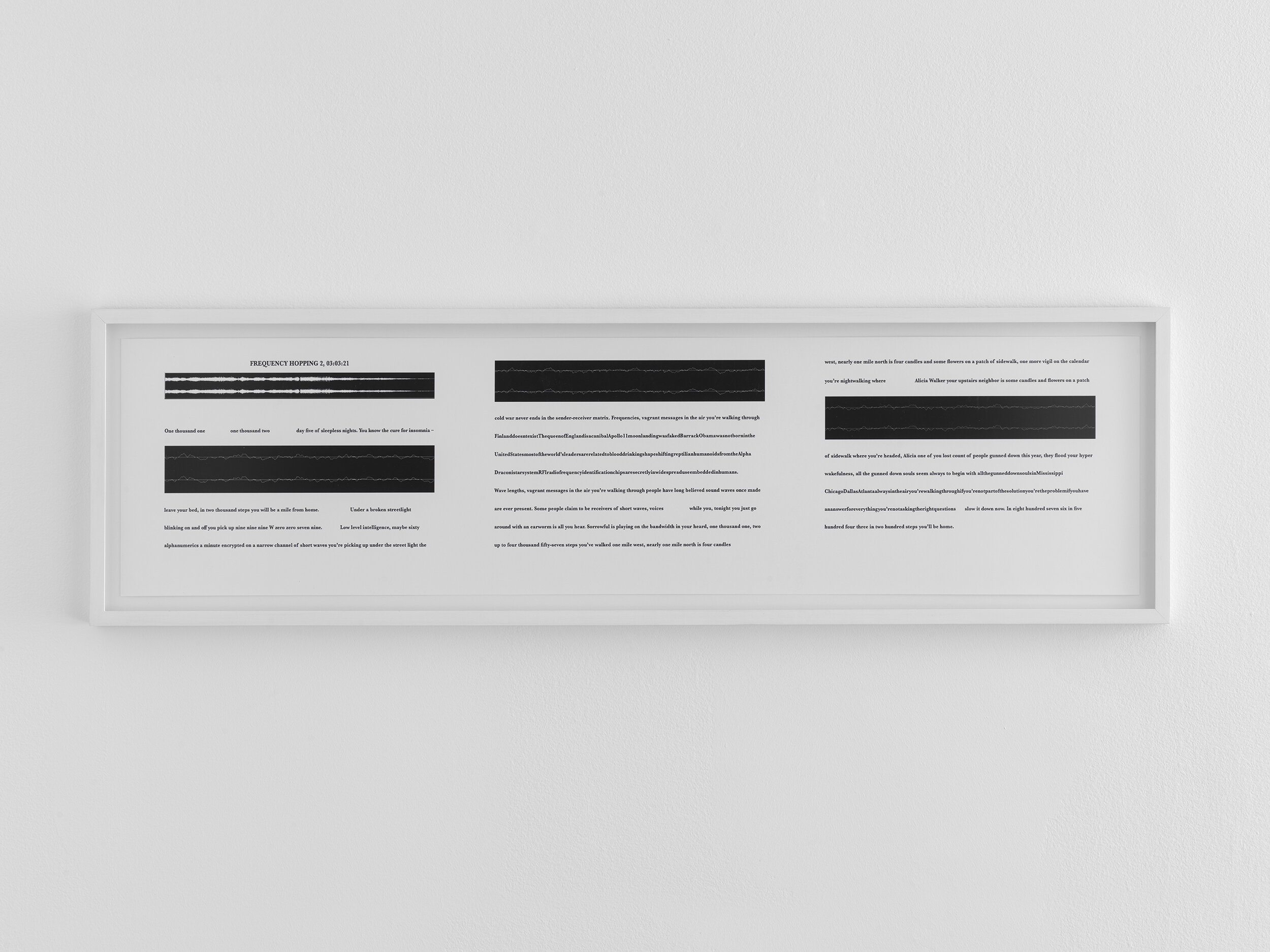  Constance DeJong,  Frequency Hopping 2 , 2019. Audio transcription, digital print, 8 ½ × 33 ¾ inches. Courtesy of Bureau, New York and the artist. Photo: Dario Lasagni. 