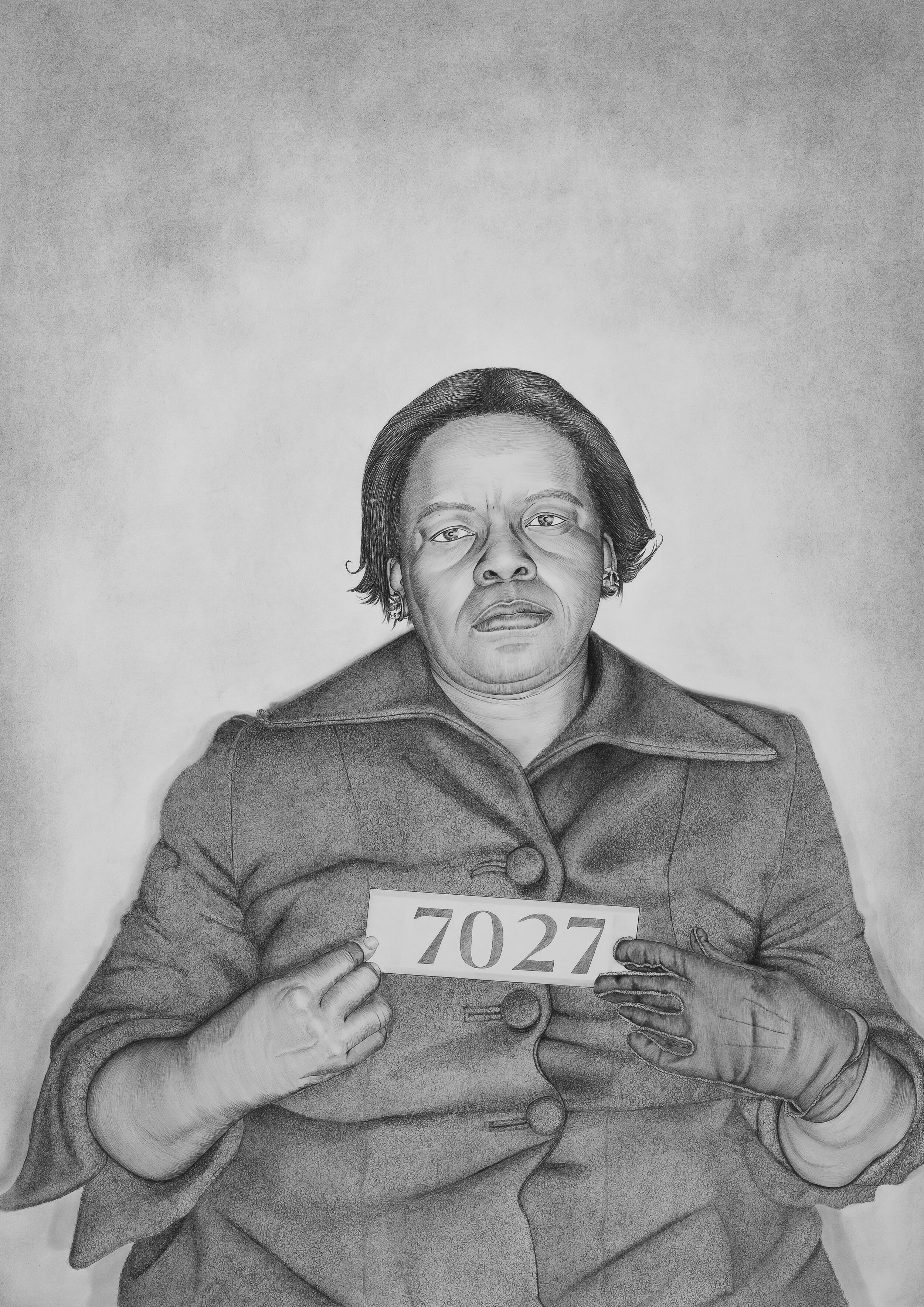  Lava Thomas.  Mugshot Portraits: Women of the Montgomery Bus Boycott, Alberta J. James , 2018. Graphite and Conté pencil on paper, 47 x 33 ¼ inches. Collection of Doree Friedman. Image courtesy of the artist and Rena Bransten Gallery. Photo: Philli