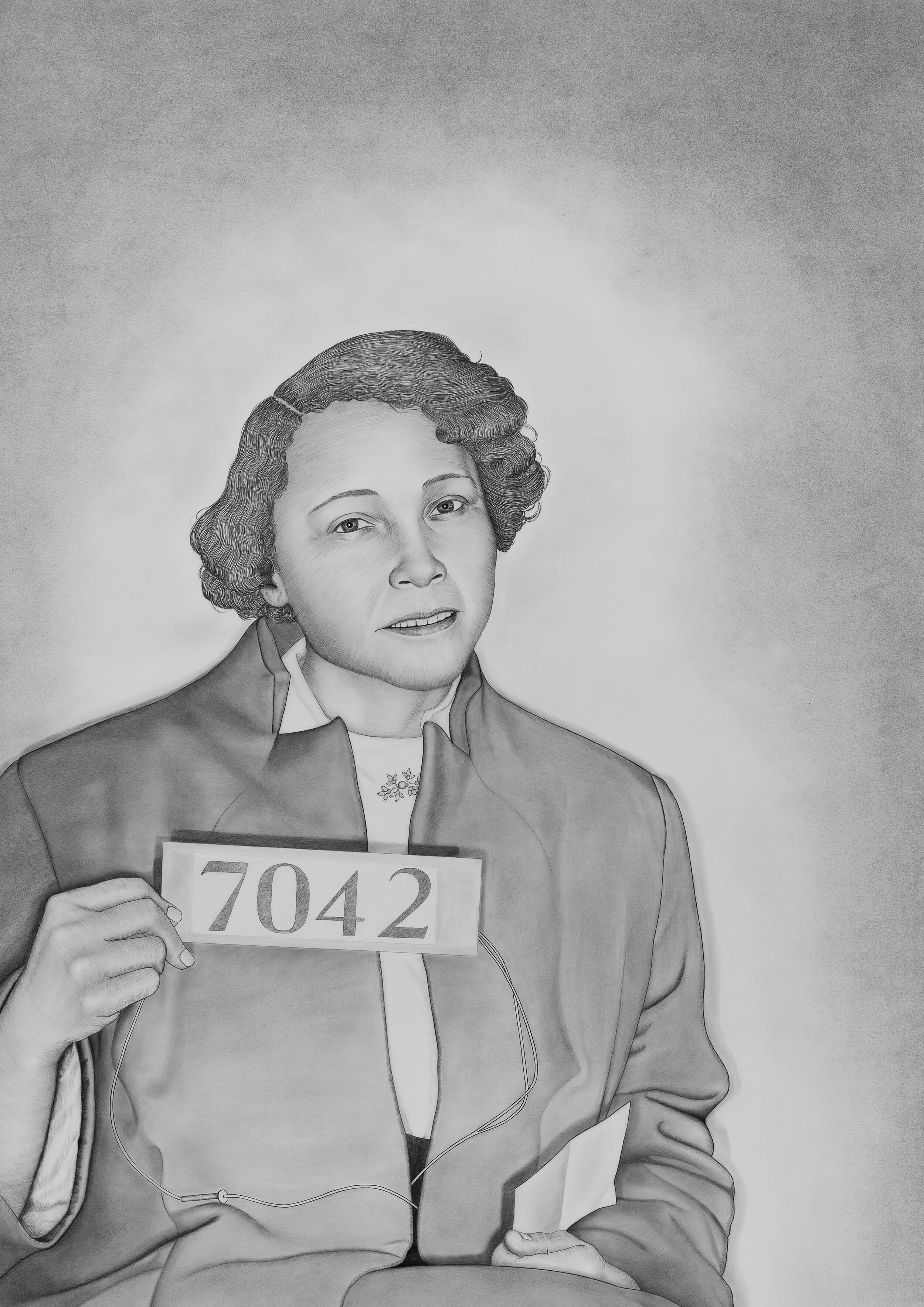  Lava Thomas.  Mugshot Portraits: Women of the Montgomery Bus Boycott, Jo Ann Robinson , 2018. Graphite and Conté pencil on paper, 47 x 33 ¼ inches. Collection of Janet Mohle-Boetani, MD. Image courtesy of the artist and Rena Bransten Gallery. Photo