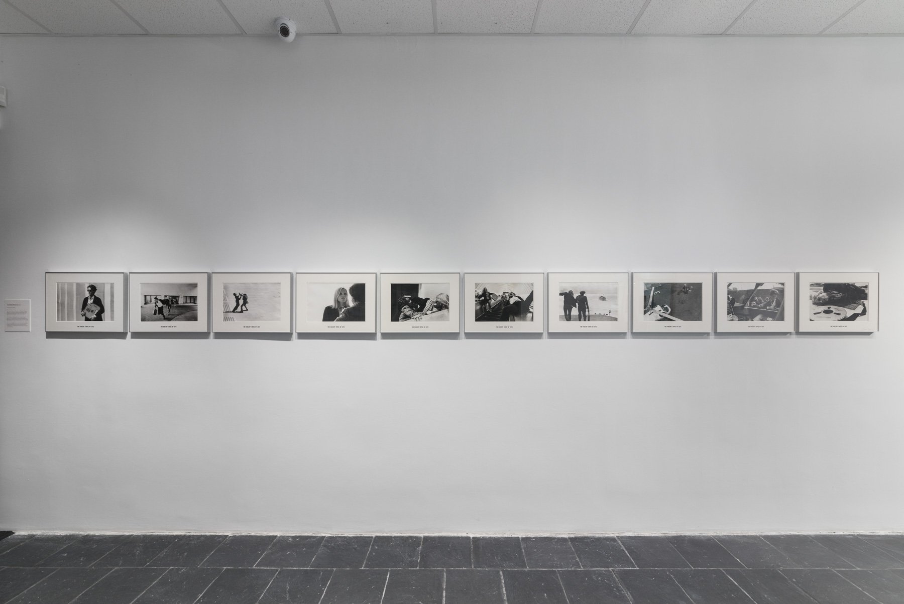   The Violent Tapes of 1975 , 1975, installed in  Life as Activity: David Lamelas  at Hunter College Art Galleries’ Leubsdorf Gallery, 2021. Series of 10 black-and-white photographs on paper, 9 x 12 inches (22.86 x 30.48 cm) each. Bruno van Lierde Co