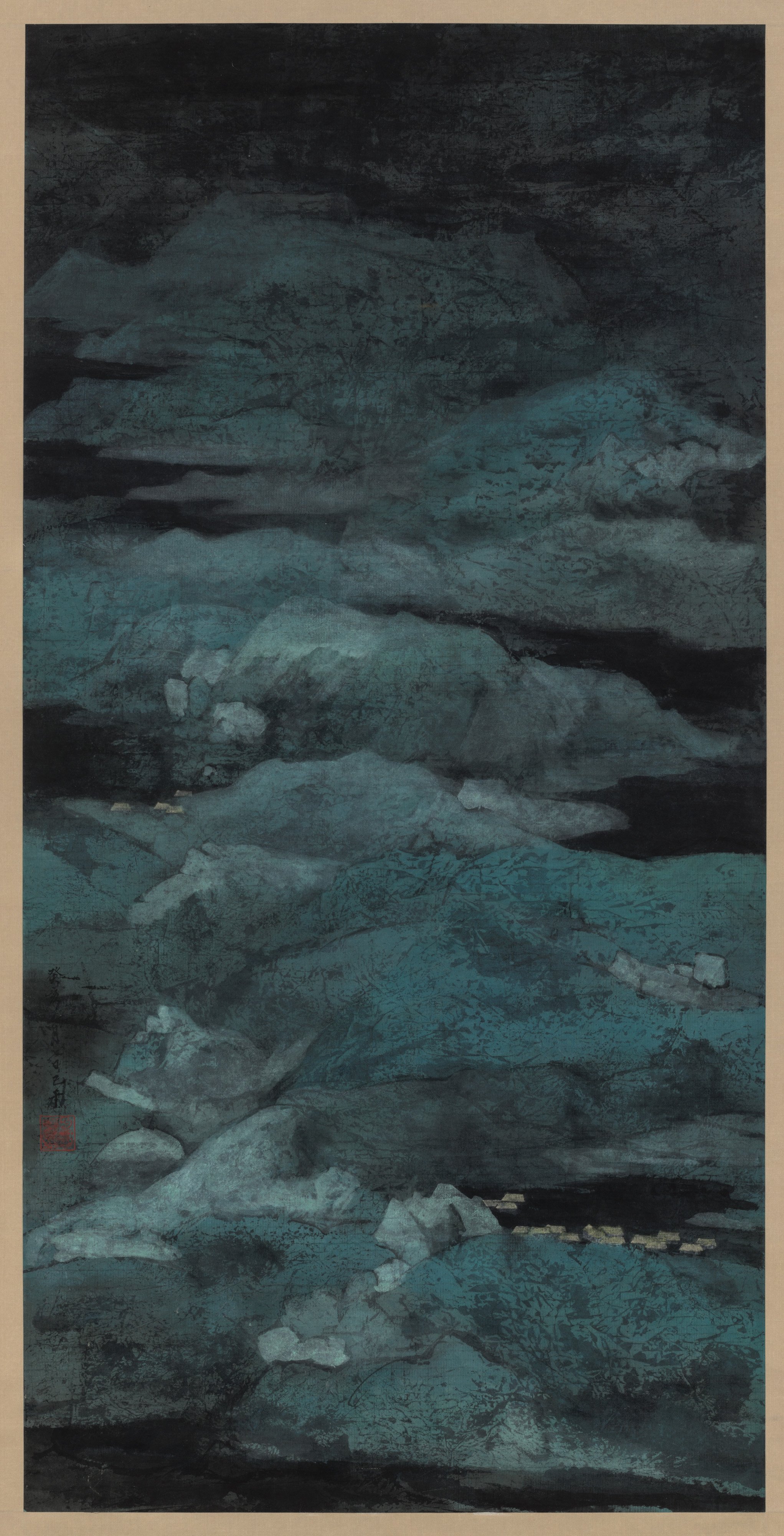  C. C. Wang,  Landscape No. 475 , 1983. Hanging scroll, ink and color on paper, 39 ⅞ x 20 inches (101.3 x 50.8 cm). Private Collection, New York. Image copyright the Estate of C.C. Wang. Photo: Stan Narten. 