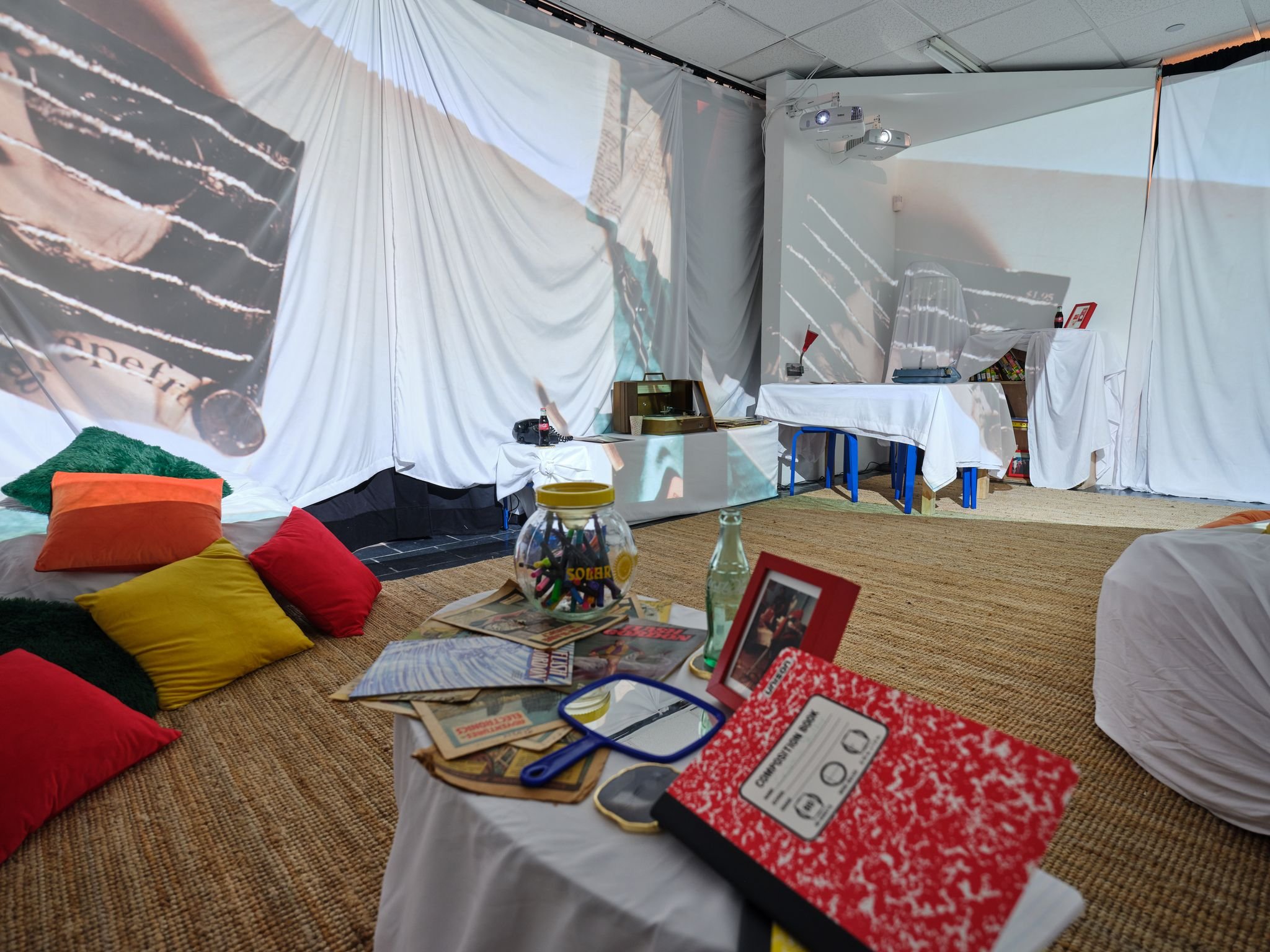  Installation view,  Cosmic Shelter: Hélio Oiticica and Neville D’Almeida’s Private Cosmococas .  Leubsdorf Gallery, Hunter College, October 12, 2023-March 30, 2024. Photo by Argenis Apolinario.  