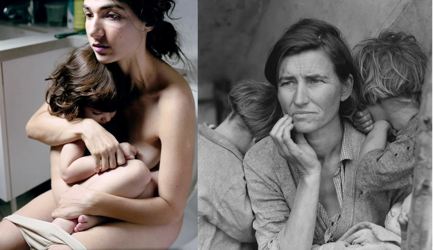  Left:  Migrant Mother,  1936, Courtesy of the Library of Congress. Photograph by Dorothea Lange. Right:  Holding Emmanuelle , 2008, Courtesy of the artist. Photograph by Elinor Carucci. 