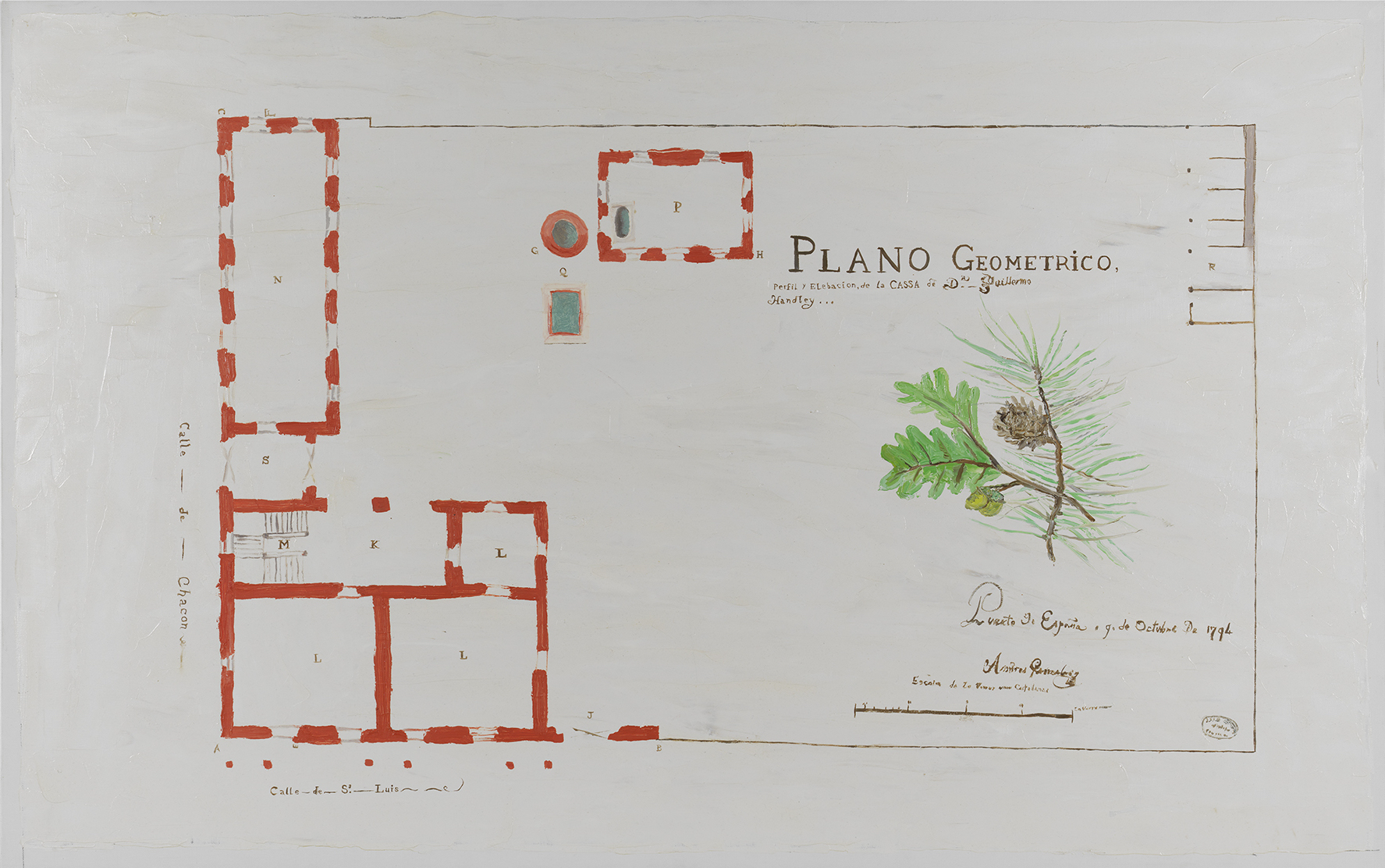  Christian Vinck,  Plano para la casa de Hanley en Puero España , from the series  Según el Archivo General de Indias,  2012. Oil on canvas, 49 ½ x 31 1/8 x 1 3/8 inches.   Colección Patricia Phelps de Cisneros 