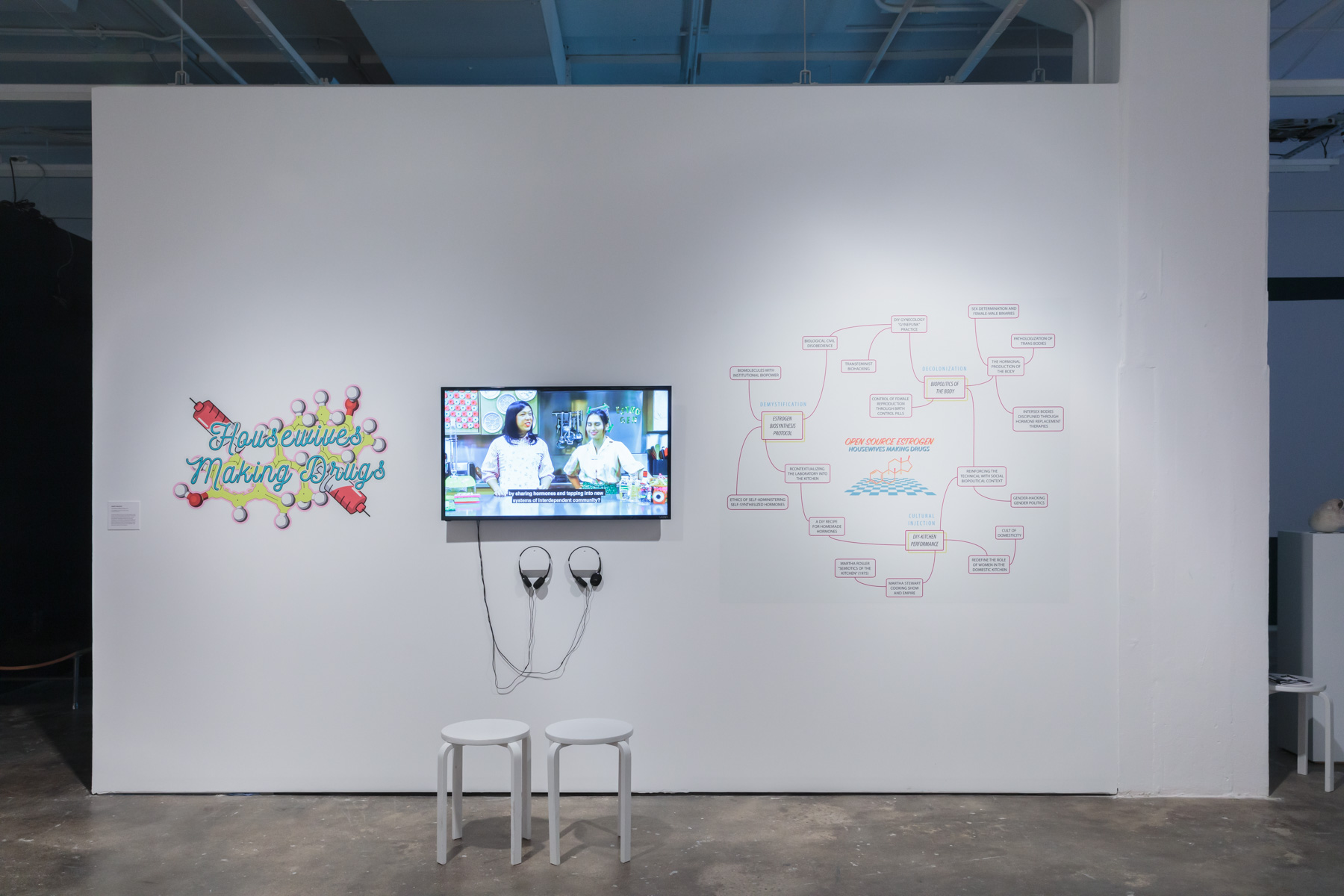  Mary Maggic,  Housewives Making Drugs , 2017. Vinyl installation and video, 10 min. 12 sec., sound. Courtesy of the artist. Installed in  Refiguring the Future , Hunter College Art Galleries, 2019. Photo by Stan Narten. 