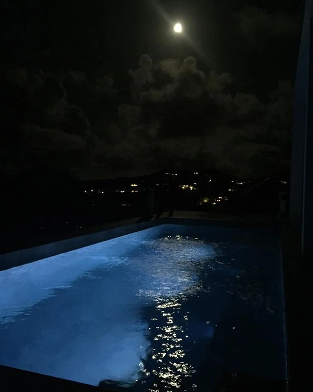 Full Summer moon over Villa Ouanalao and the 23ft / 7m pool overlooking the open Atlantic.