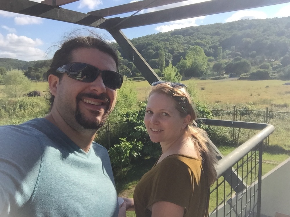  Grant and I, hanging out on another balcony, overlooking the field surrounding the studio.&nbsp; 