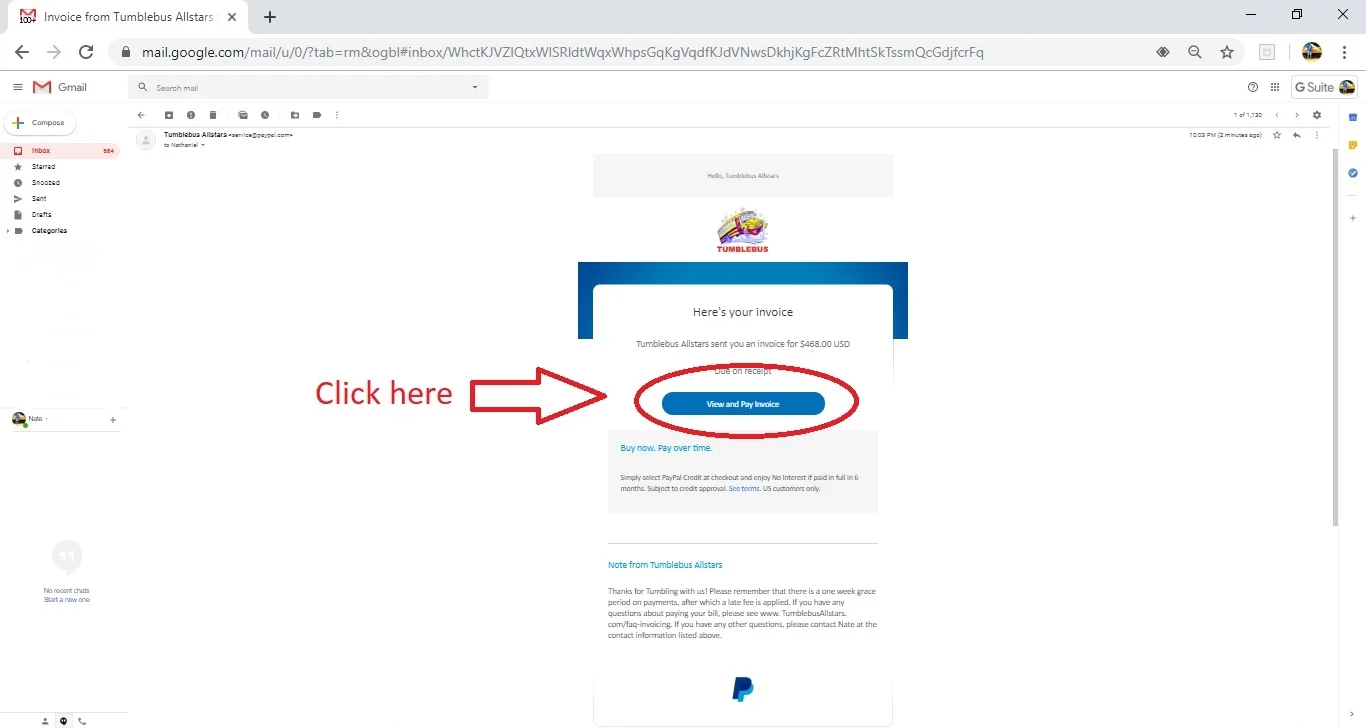 When you receive your email invoice, the body of the email should look something like this. In order to get to the payment page, please click on the blue button.