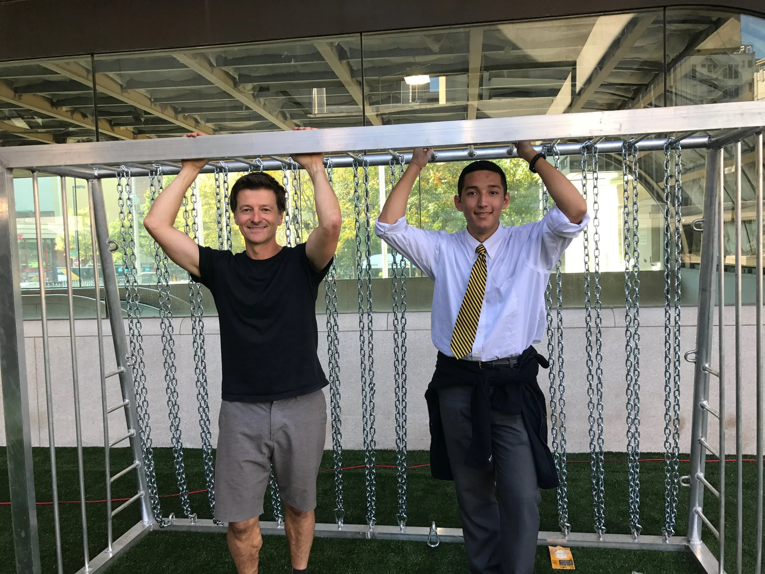  Phil Hill (left) with Nicolas Mejia (right) setting up the goals at 'Station Soccer' 