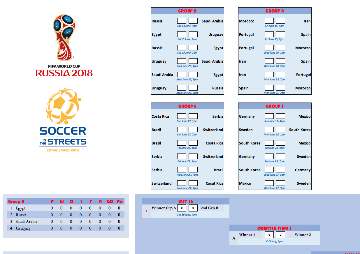Free Soccer in the Streets World Cup Wall Chart and Sweepstake 2018
