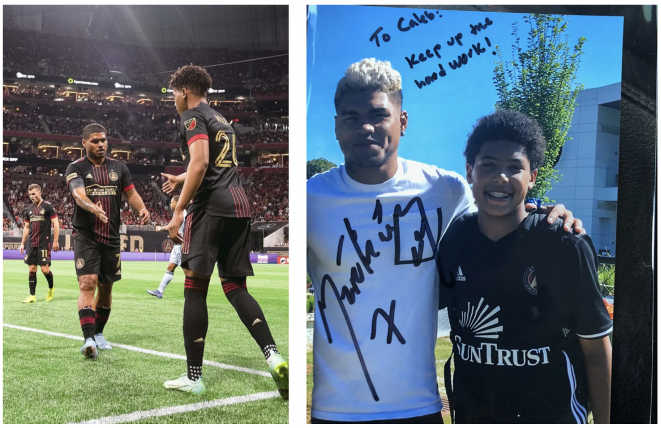 Caleb Wiley subs on for his childhood idol (left); Wiley is pictured with Josef (right) when he played with the U12 ATL UTD Academy