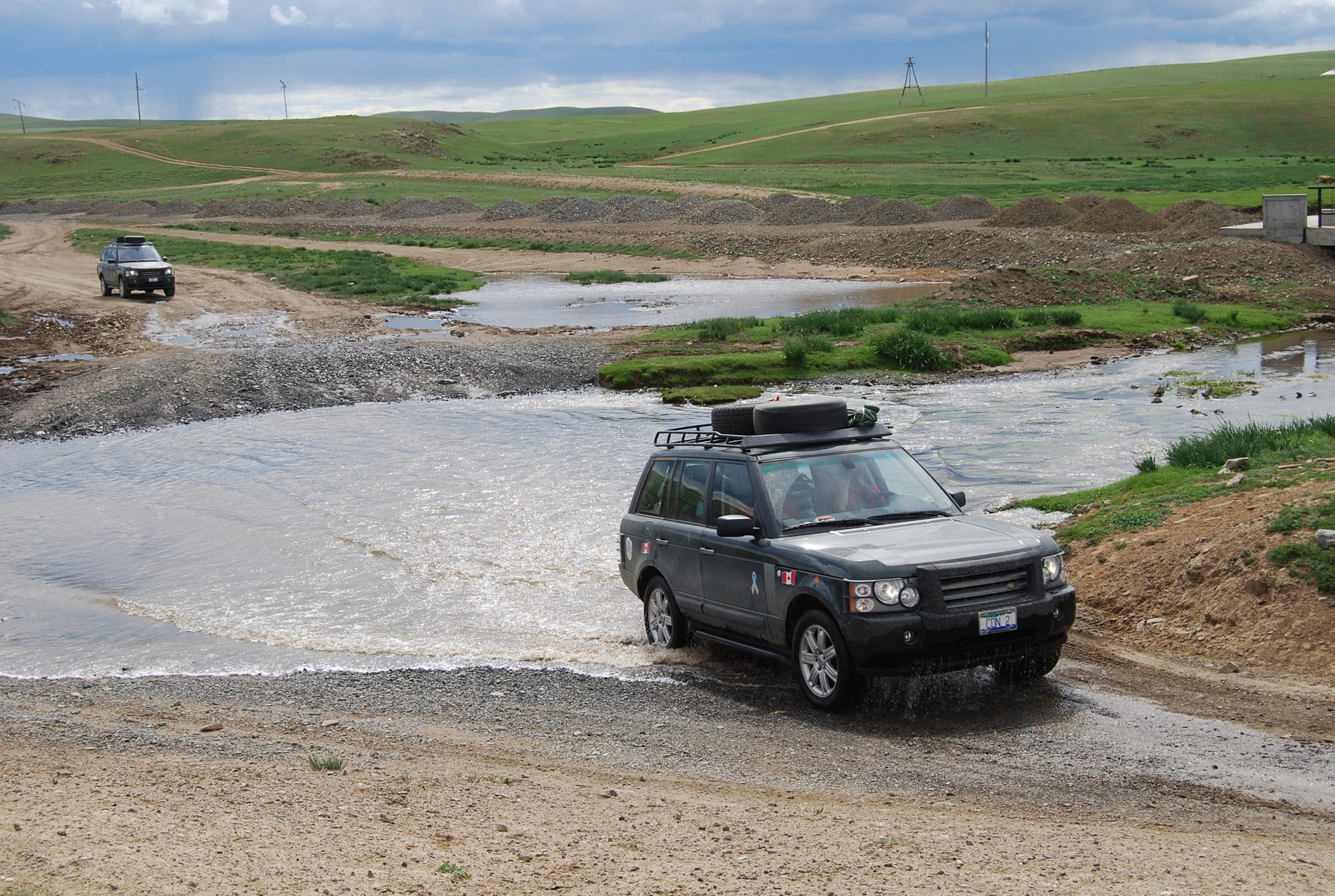 Fording a river on the Mongolian steppe