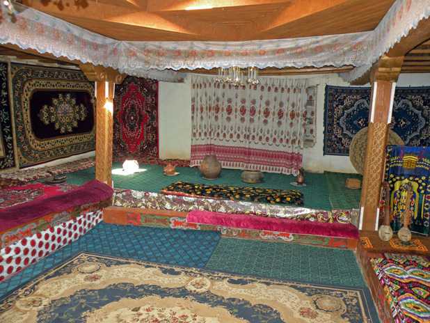   Typical Pamiri home interior, with pillars symbolizing first five imams in Shi’ite Islam   Photo credit:  Jake Smith 