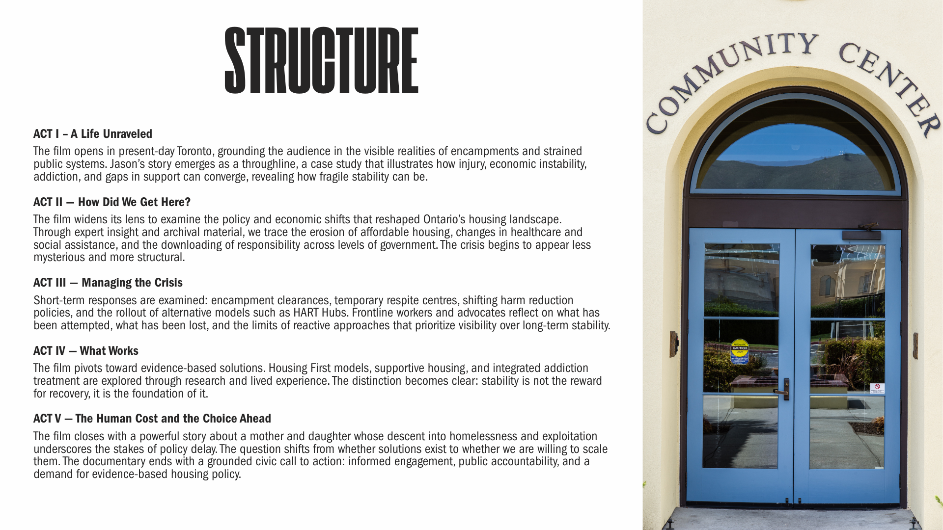 description of acts one through five of the film