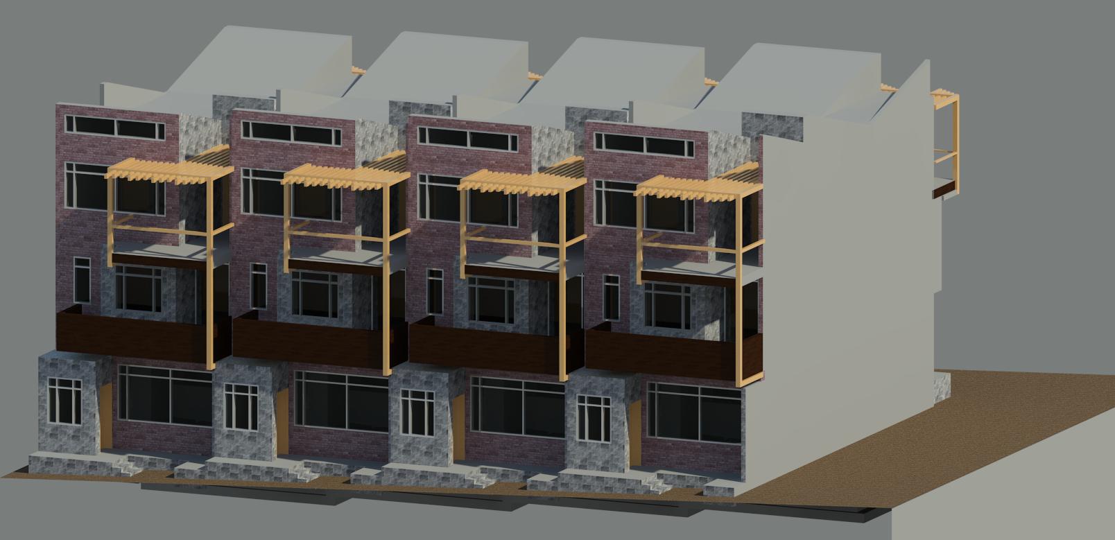 Rendered perspective of repeated western facade || Revit