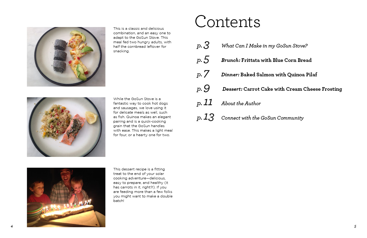 GoSun Cookbook excerpt, table of contents. 11" x 17" spread.