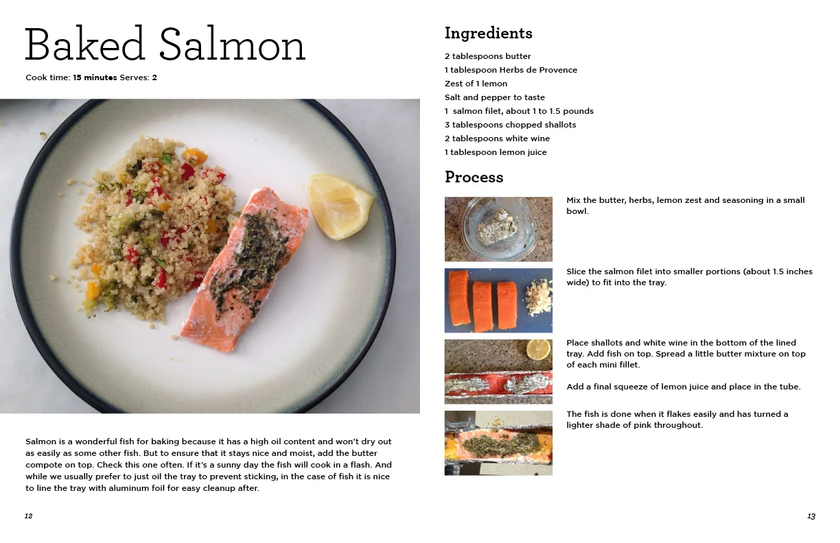 GoSun Cookbook excerpt, Baked Salmon recipe. 11" x 17" spread.