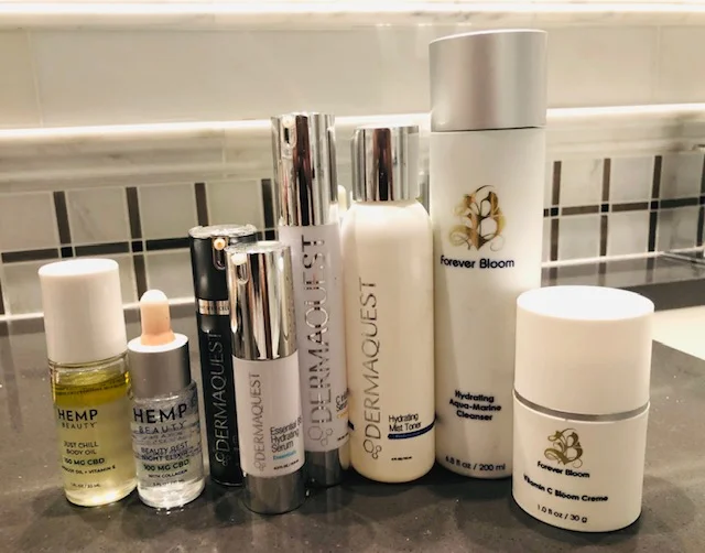 This is a fraction of what I have. Love Dermaquest 's professional range - beautiful products and incredible serums for every skin type and need. I’m also using Forever Bloom, a terrific new line. Other products I’m using: HempBeauty’s new Beauty Rest Night Elixir , a light oil. Loving the overnight results. Just Chill CBD Oil roller is great for aches and pains — especially on my neck — either from traveling or sitting at the computer all day. It’s great on any pressure point or as a moisturizing oil.