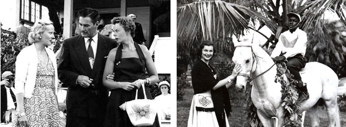 Left; Ann Treglown Goodfellow, Errol Flynn (Original "Robin Hood") and Betty Treglown Goodfellow. Right; A winning jockey at Hobby Horse Hall Photo courtesy of OldBahamas.com