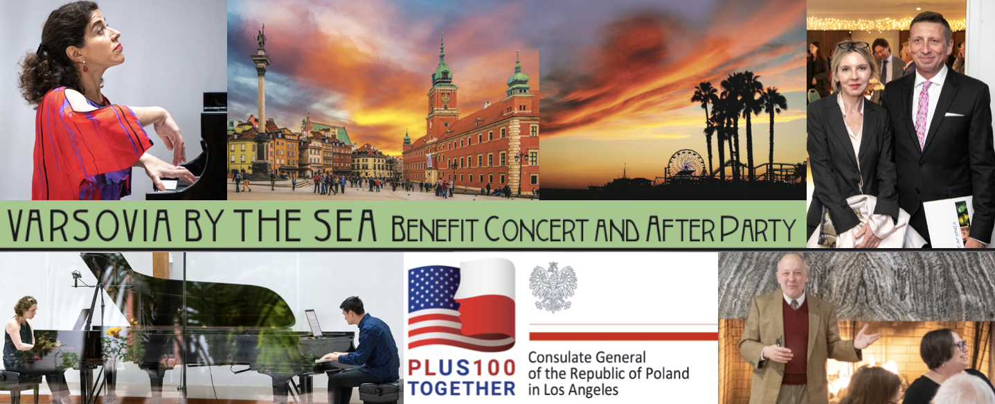top l-r: inna faliks; varsovia; santa monica pier; consul general jaroslaw lasinski & mariola lasinska; bottom: hocket (sarah gibson & thomas kotcheff); plus 100 logo; frank gruber