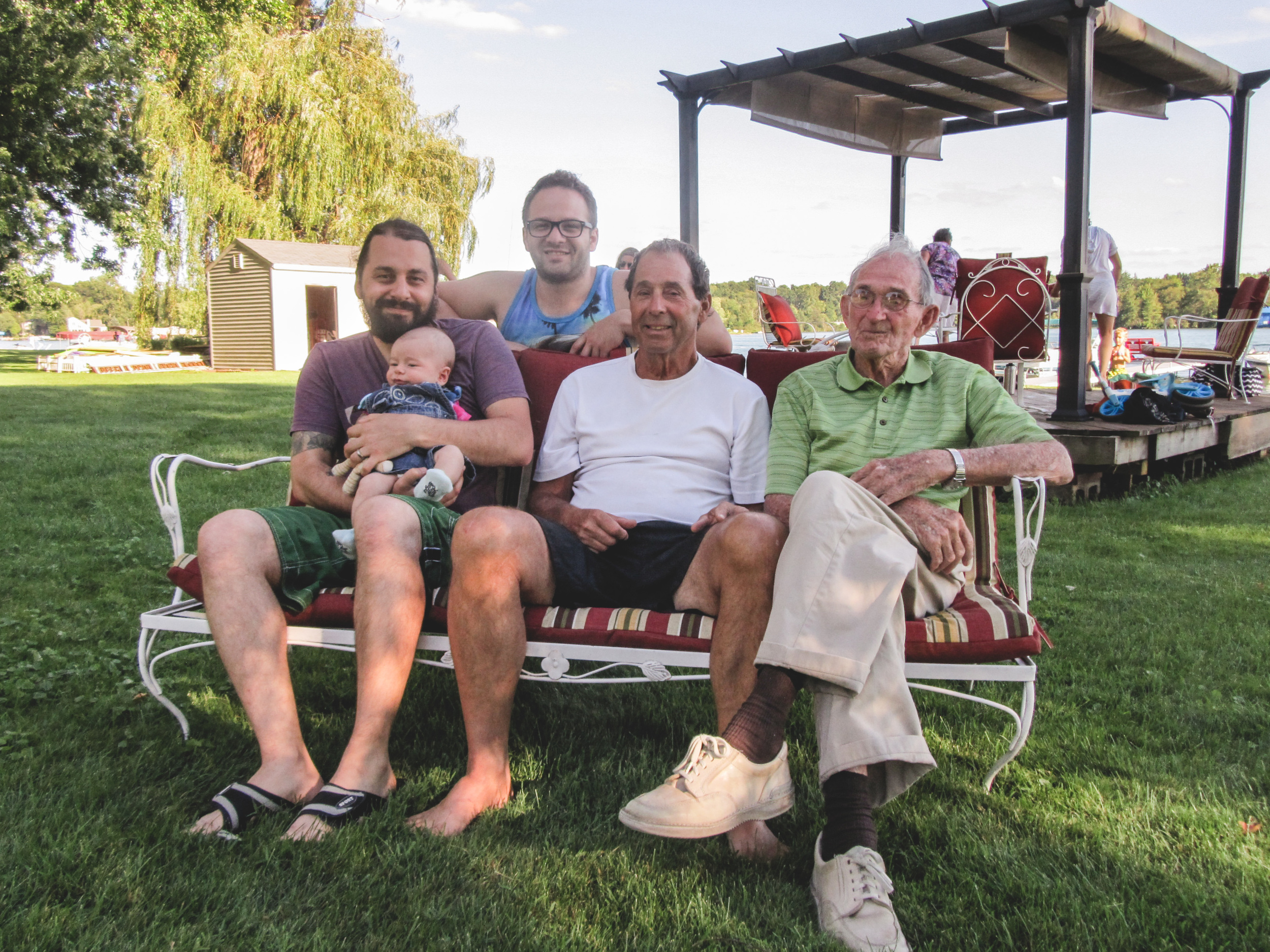 This is a special photo -- four generations of Garbers sitting together. From left, they are Josh, Asher, Jordan (he's single, ladies), Jerry, and Grandpa Bob. We had a great time reconnecting with family at the lake in Michigan!