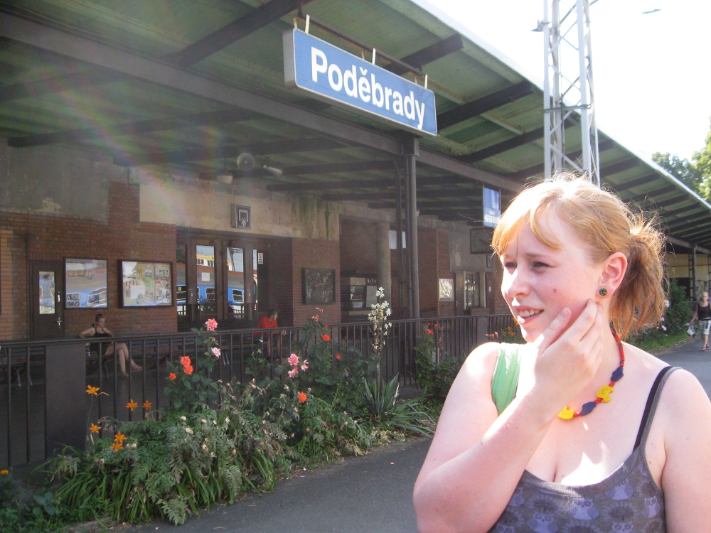 Nina, one of our hosts, outside the Poděbrady train station