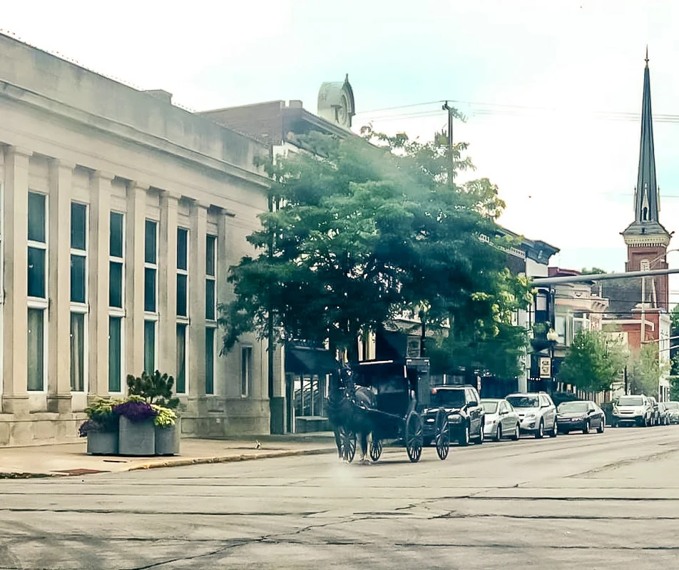 An Amish horse and buggy waits at a stop light in downtown Goshen. Alisha grabbed this photo during a missions seminar this past summer.