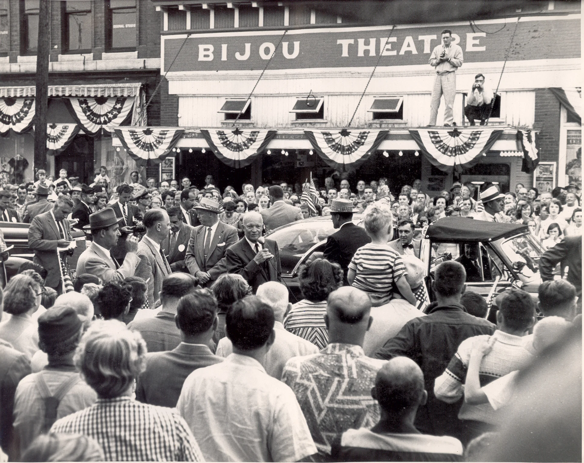 Dwight Eisenhower in front of The Bijou in 1955.