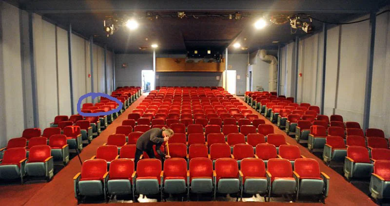 A fairly recent shot of the theater's interior. The circle shows where five year old me hid on the floor during a showing of JAWS.
