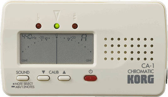 The trusty Korg CA-1. Not very loud and has been known to eat AAA batteries when used as a drone for long periods of time, but I have been using this tuner for a long time.