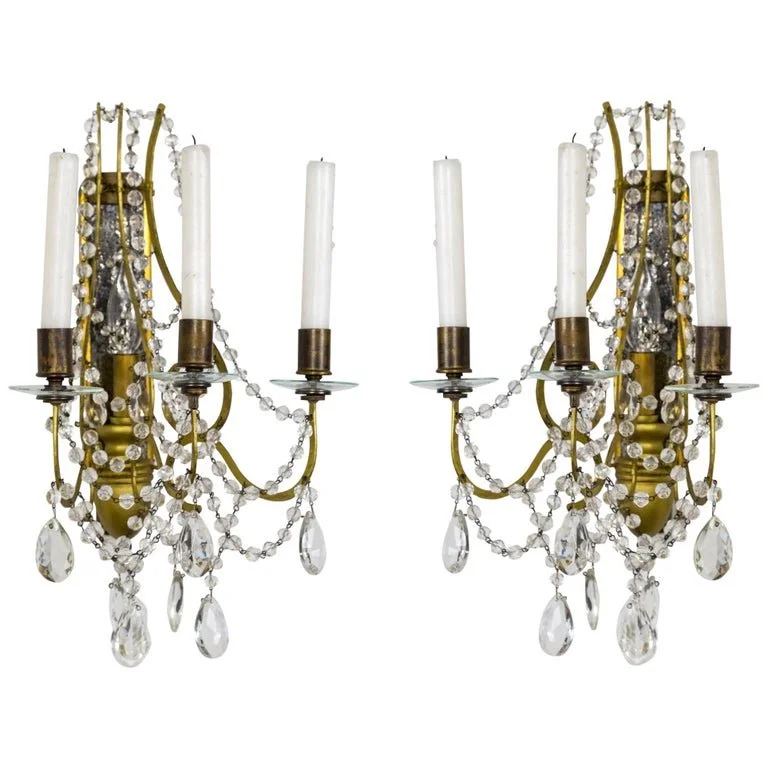 Giltwood, Mirror and Crystal 1-Light Sconces w/ Candlesticks, Pair