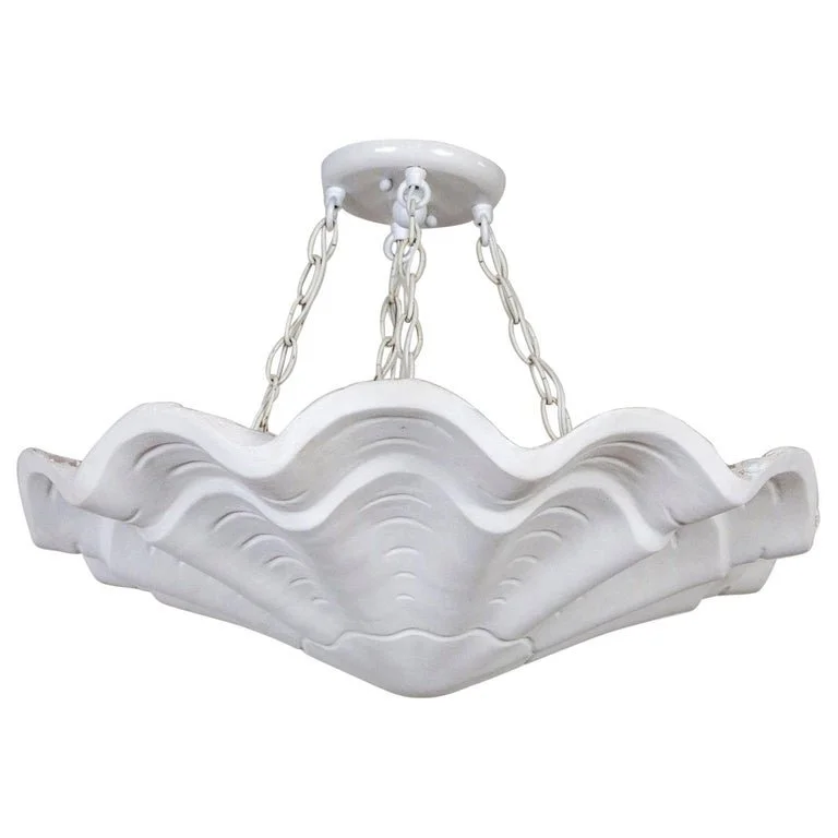 Ribbed (22") Circular Undulating White Plaster Shell Pendant Light
