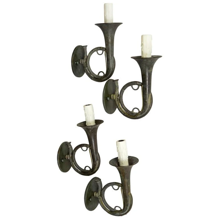 Pair of Dark Gray Brass Hunting Horn Sconces