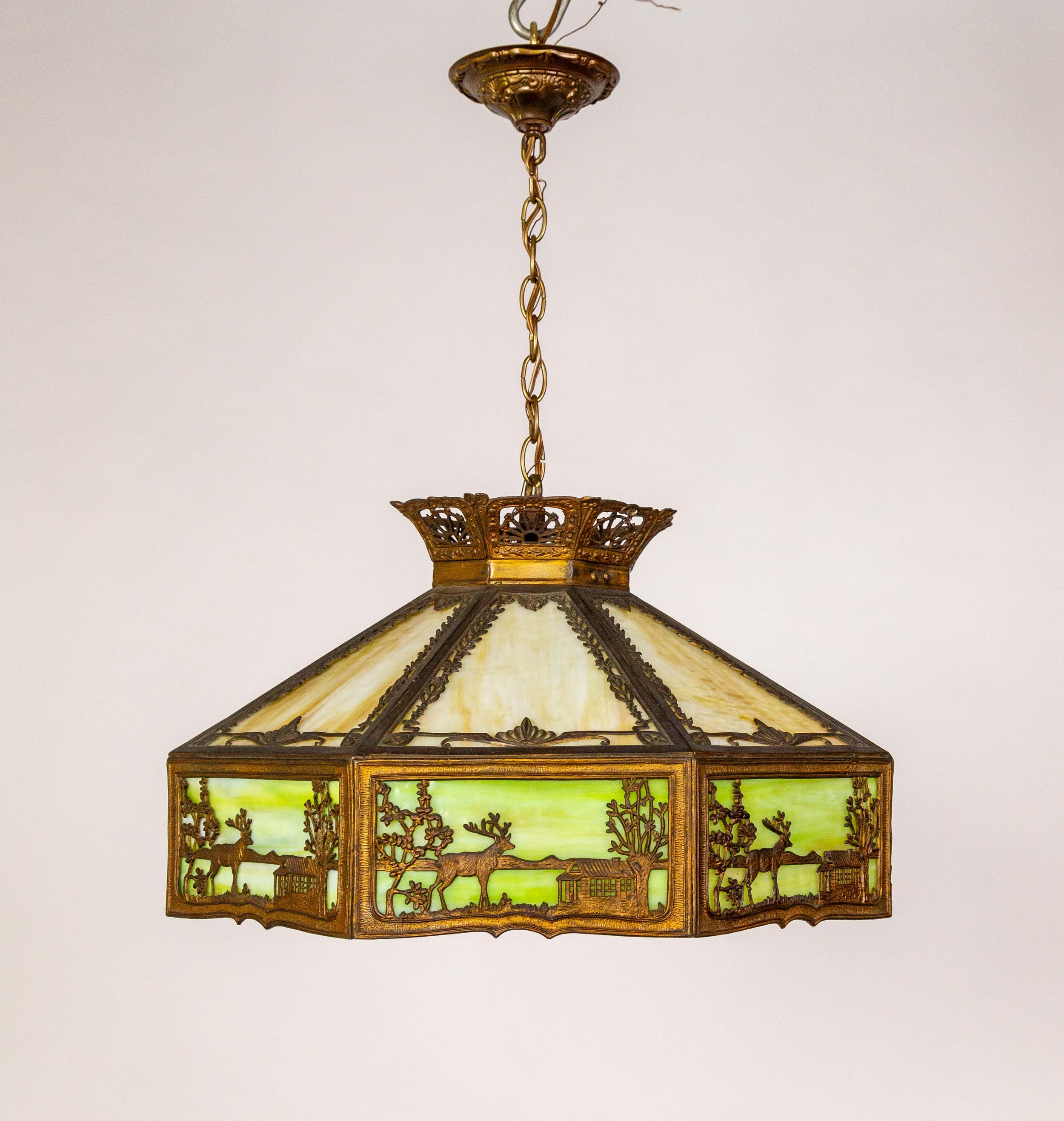 Pale Green-Amber Slag Glass Pendant Light w/ Scenic Trim