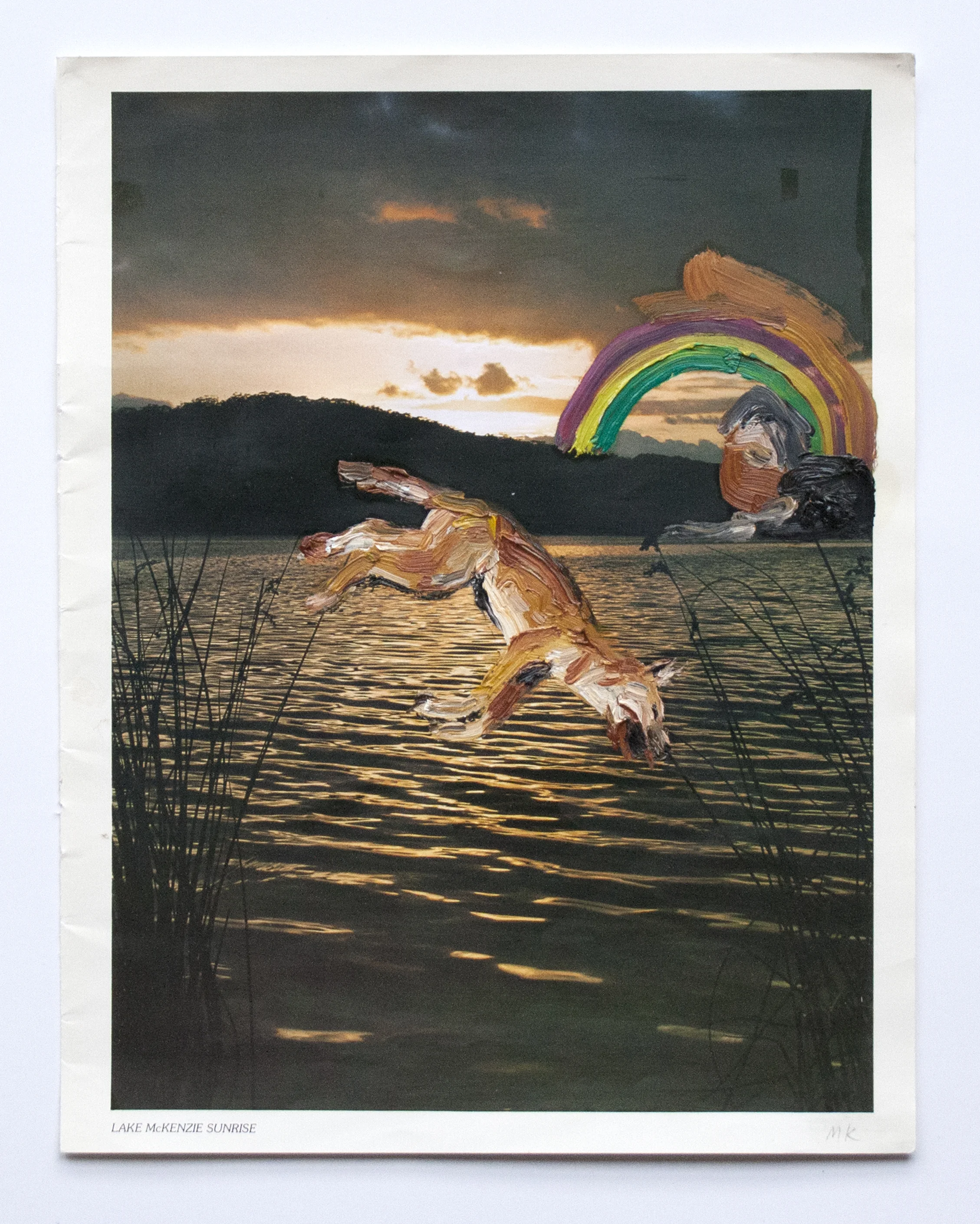 Lake McKenzie Sunrise 2014 Oil and PVA glue on magazine 21 x 29.7 cm