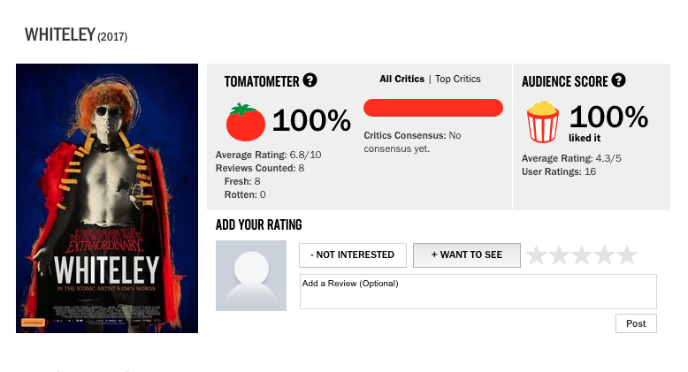 WHITELEY has earned an enviable 100% FRESH rating on review aggregator, ROTTEN TOMATOES