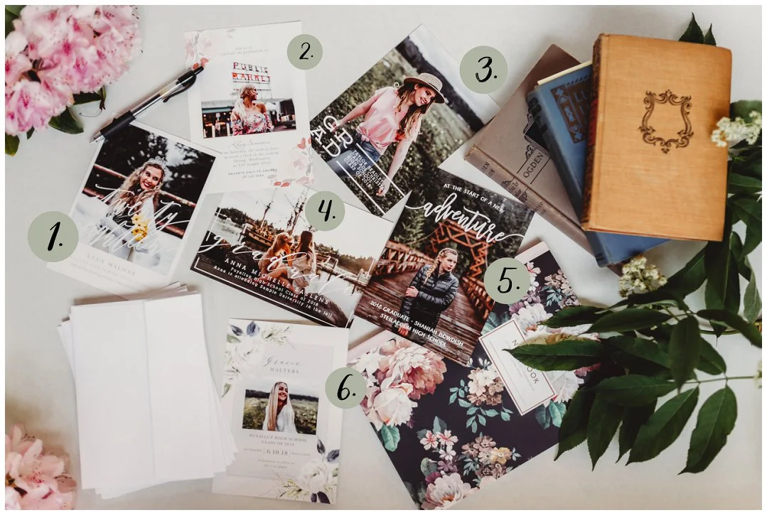Styles: 1. Color Overlay Announcement (I did change the overlay to none) 2. Watercolor Bouquet Announcement 3. Minimal Grad Graduation Announcement 4. Script Frame Graduation Announcements 5. Adventure Awaits Graduation Announcement 6. Oil Paint Textured Graduation Announcement