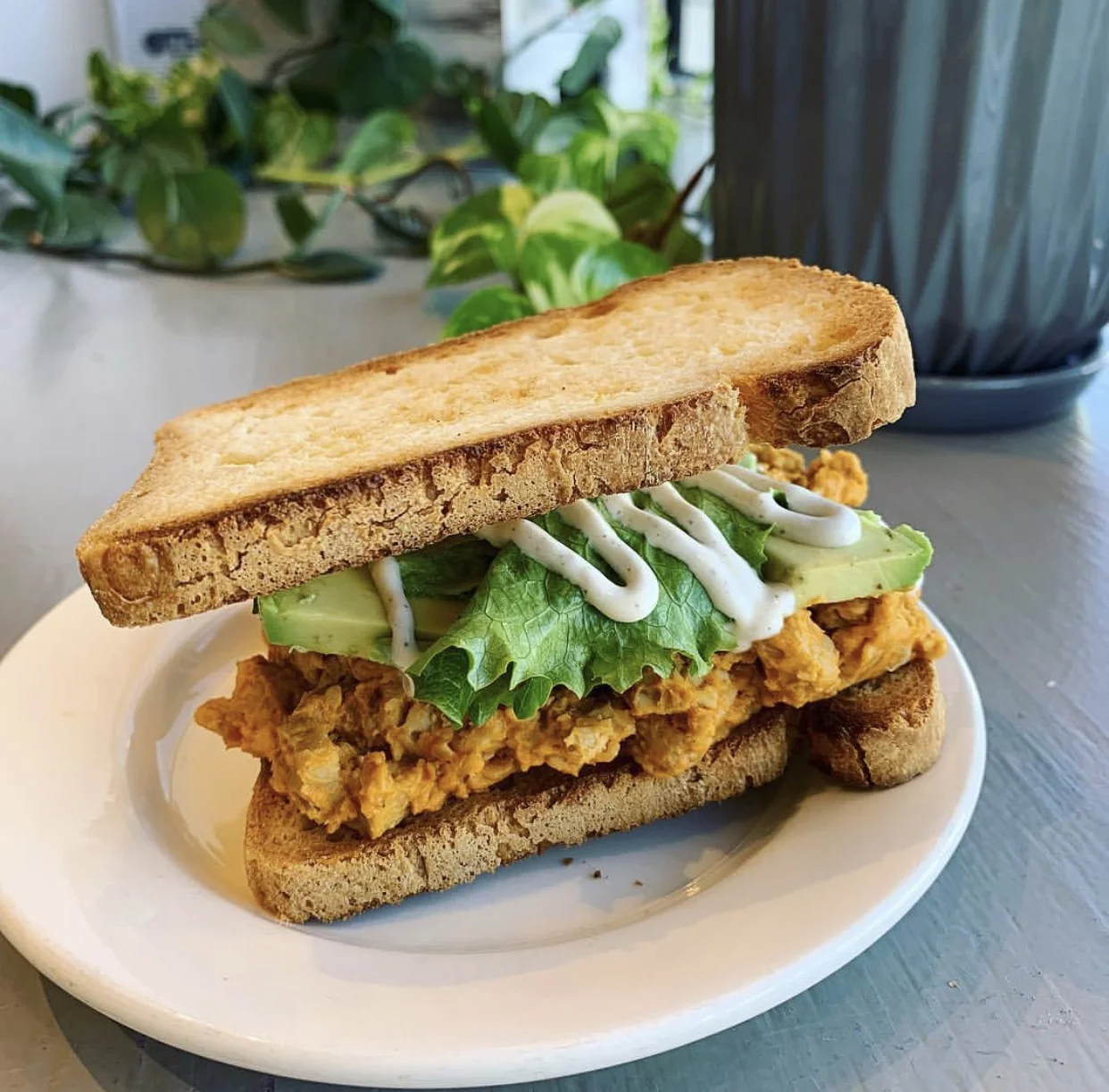 Buffalo Tempeh Sandwich w/ Avocado & Cashew Ranch on Gluten Free Bread