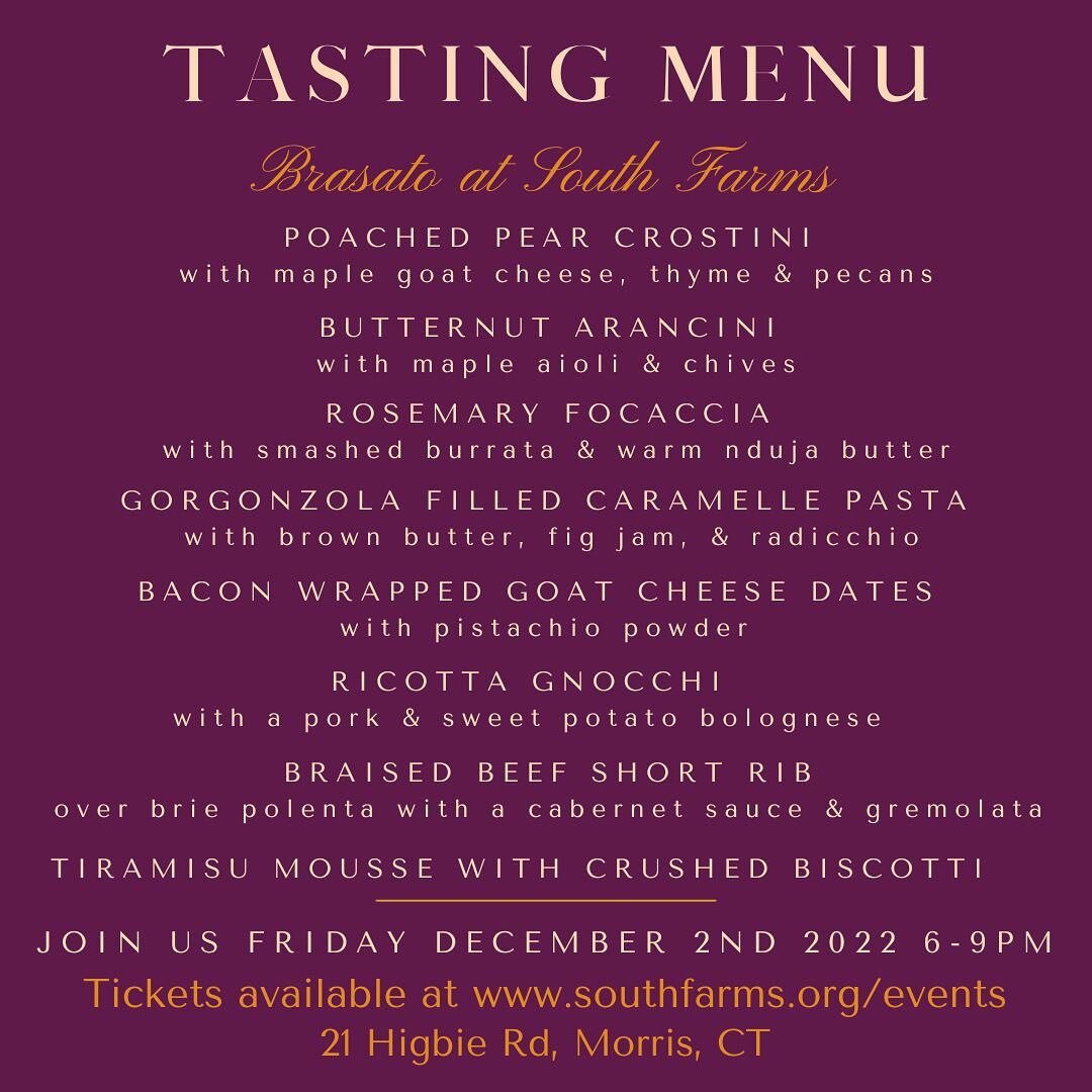 Tasting menu for our December 2nd wine pairing event at the beautiful @southfarms . Buy tickets at www.south farms.org/events