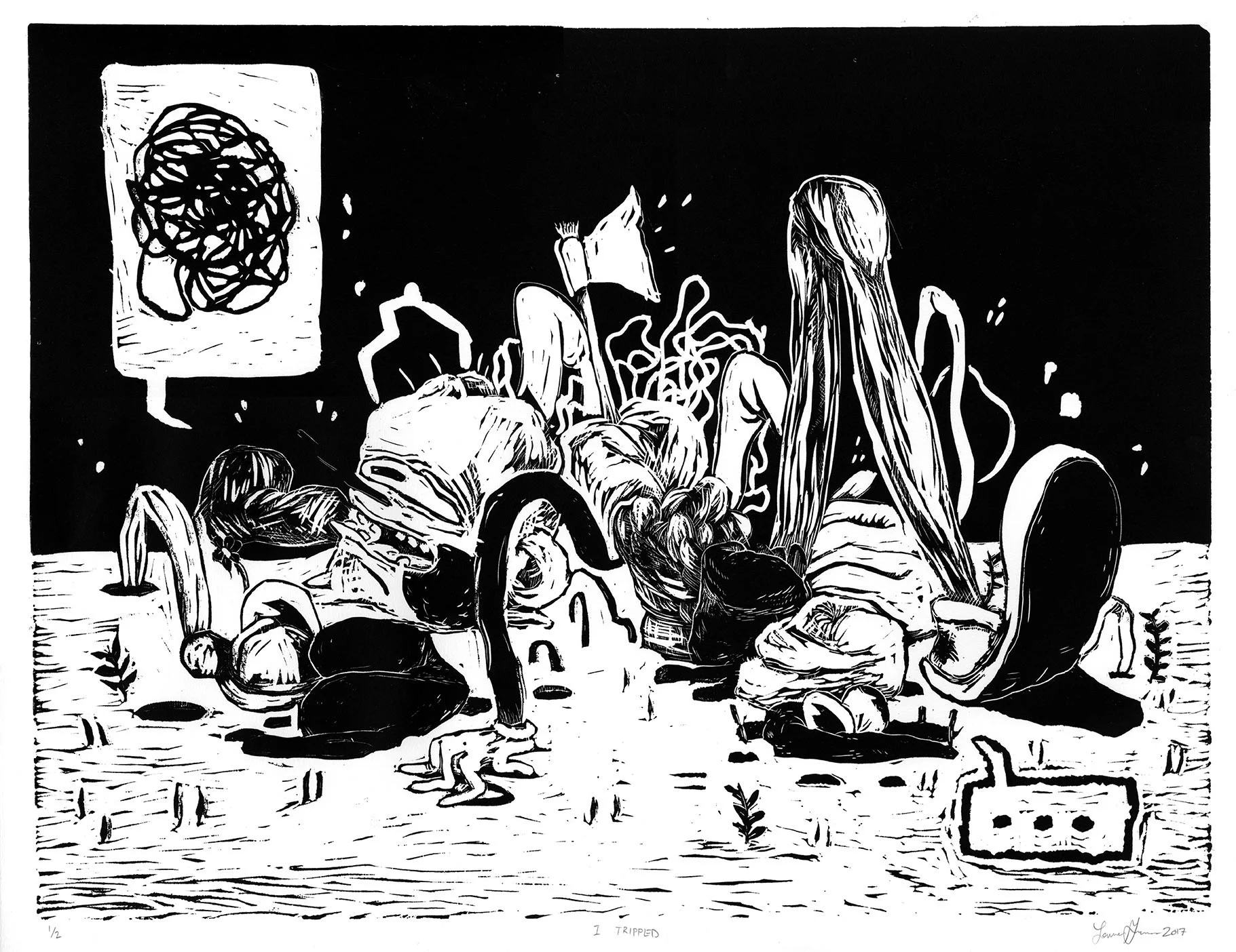   I TRIPPED,&nbsp; linocut on paper, 22 x 30 in 