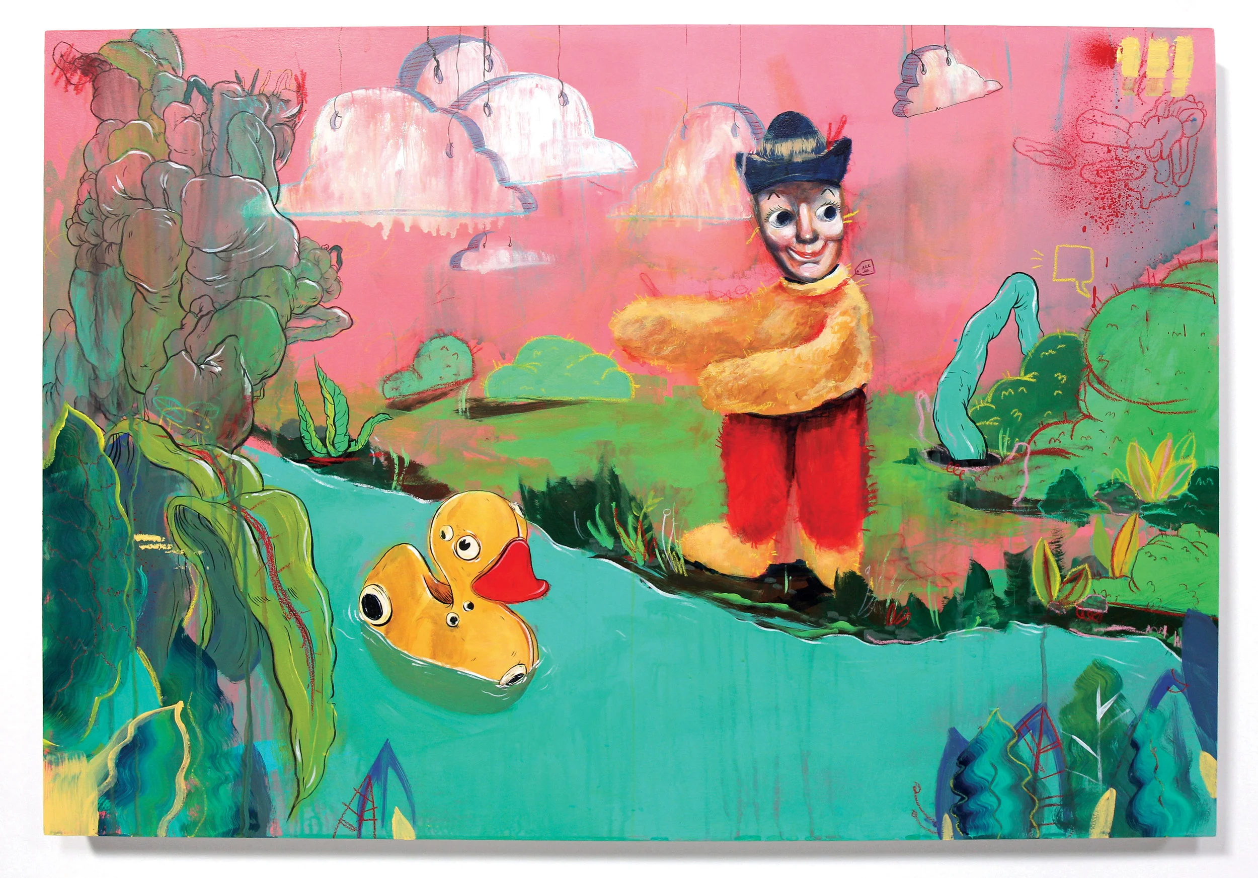 By the River , acrylic, ink, marker, and pastel on panel, 24.5 x 35.5 in