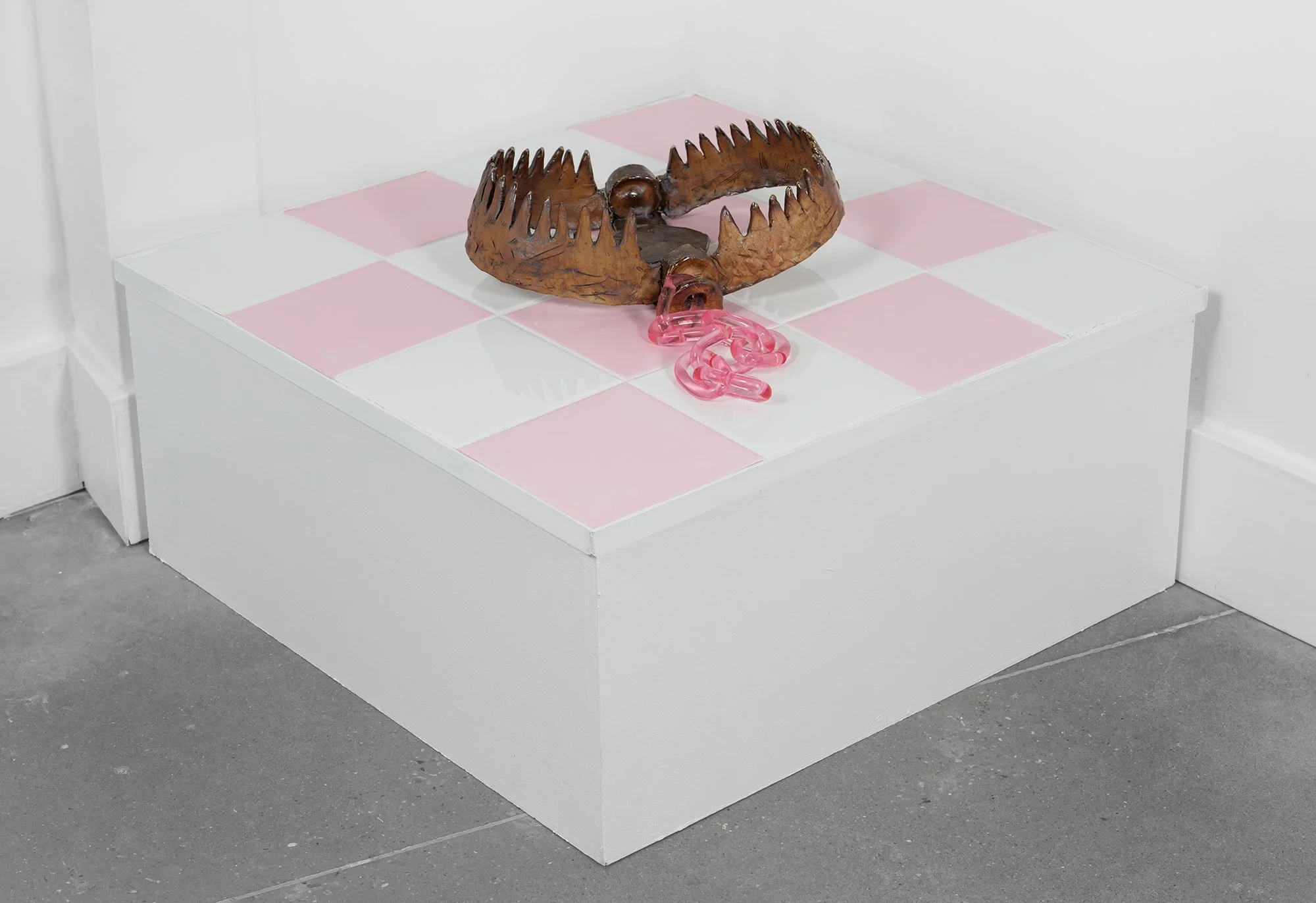   Perceived Threat  (Installation View), wood-fired ceramic, acrylic rod, tile, 10×24×24in 