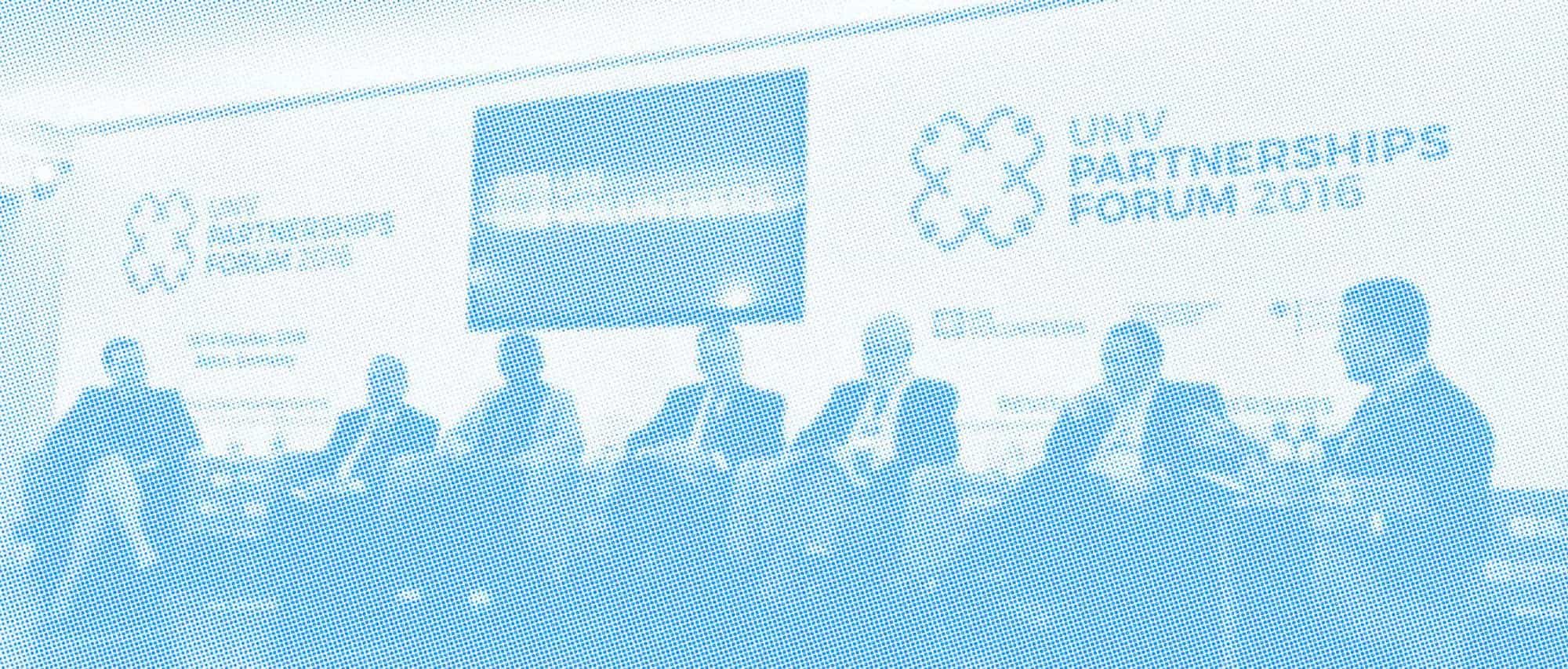 Halftone graphic banner showing panel discussion and UNV Partnerships Forum 2016 branding created by Half Twelve Design.